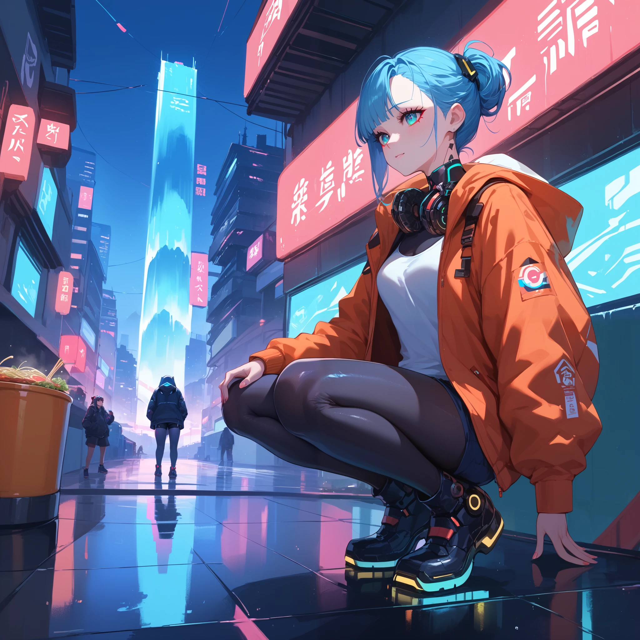 ,A woman squatting on a glacier, compromising and enduring an artificial aurora generated in a small device.night on a glacier,girl,cyberpunk,Shorts, Hoodie Jacket, Tights,A small mecha, a sidekick that comes with the woman., mechanical devices on top of glaciers, Ramen noodle store with small neon lights on the glacier, multiple auroras, colorful gradations,Small transparent domed mechanical devices with auroras