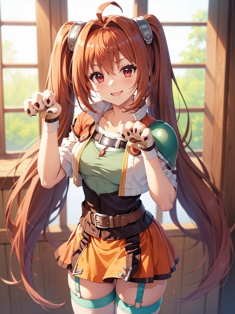 (masutepiece, Best Quality, hight resolution, nffsw, Perfect Pixel, depth of fields, 4K), Beautiful anime girl, Perfect body ,,,scEstelle, cropped jacket, green shoulder pad, tan shirt, orange skirt, belt, white thighhighs,(((wearing sexy garter belt))), (paw pose:1.4) , smile , open the mouth, upper body, sitting