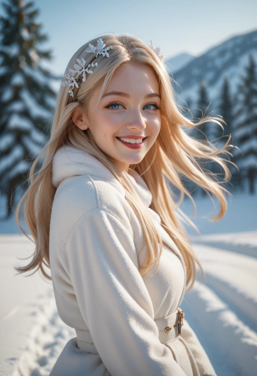  Best quality, 4K image quality,  1girl, white hanfu,  snow ,  long hair flutters in the wind, healing smile , large diaphragm , blurred background