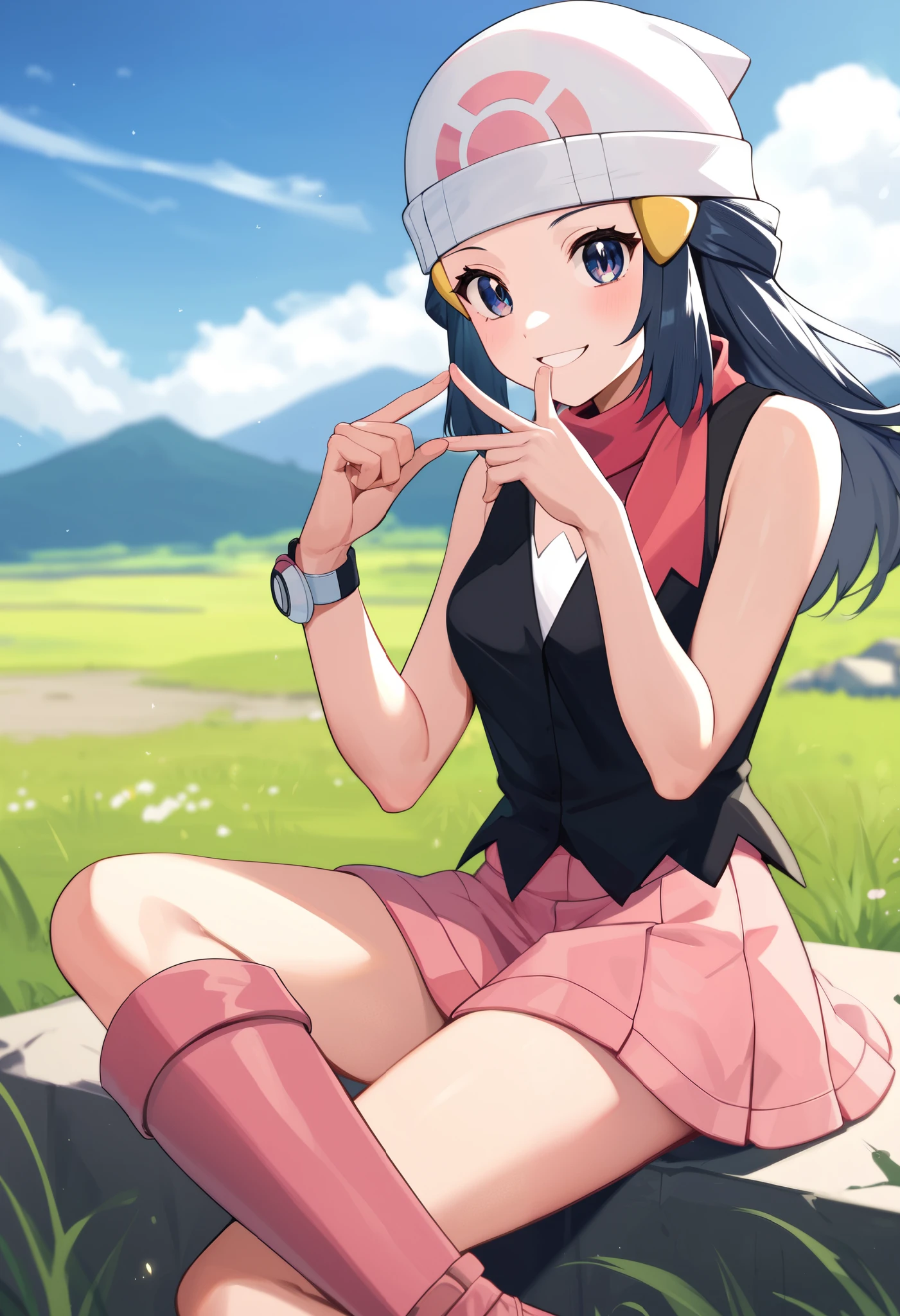 masterpiece,  best quality,  1 girl, dawn \( Pokémon\),  cap, wide, green, greenい目,  black sleeveless shirt similar to field background,  pink stole ,  pink skirt, Pink Boots, smile,  putting their fingers in their lips,  フィールド背景と同様 , sexy