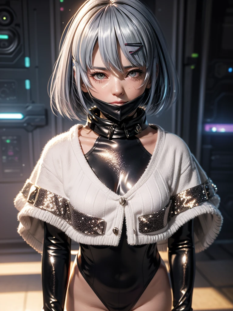 1girl, ((pale white skin)), glowing silver glitter, (((glitter on cheeks))), white hair, white bob, blunt bangs, (grey eyes), bored expression, cybernetic hair clips, (dark bodysuit), flat chest, small breasts, large (((sci-fi poncho))), ((gigantic collar, obscured face, mouth covered, nose covered, hidden face, collar over face)), shock gloves, belts, greenscreen background, blank background
