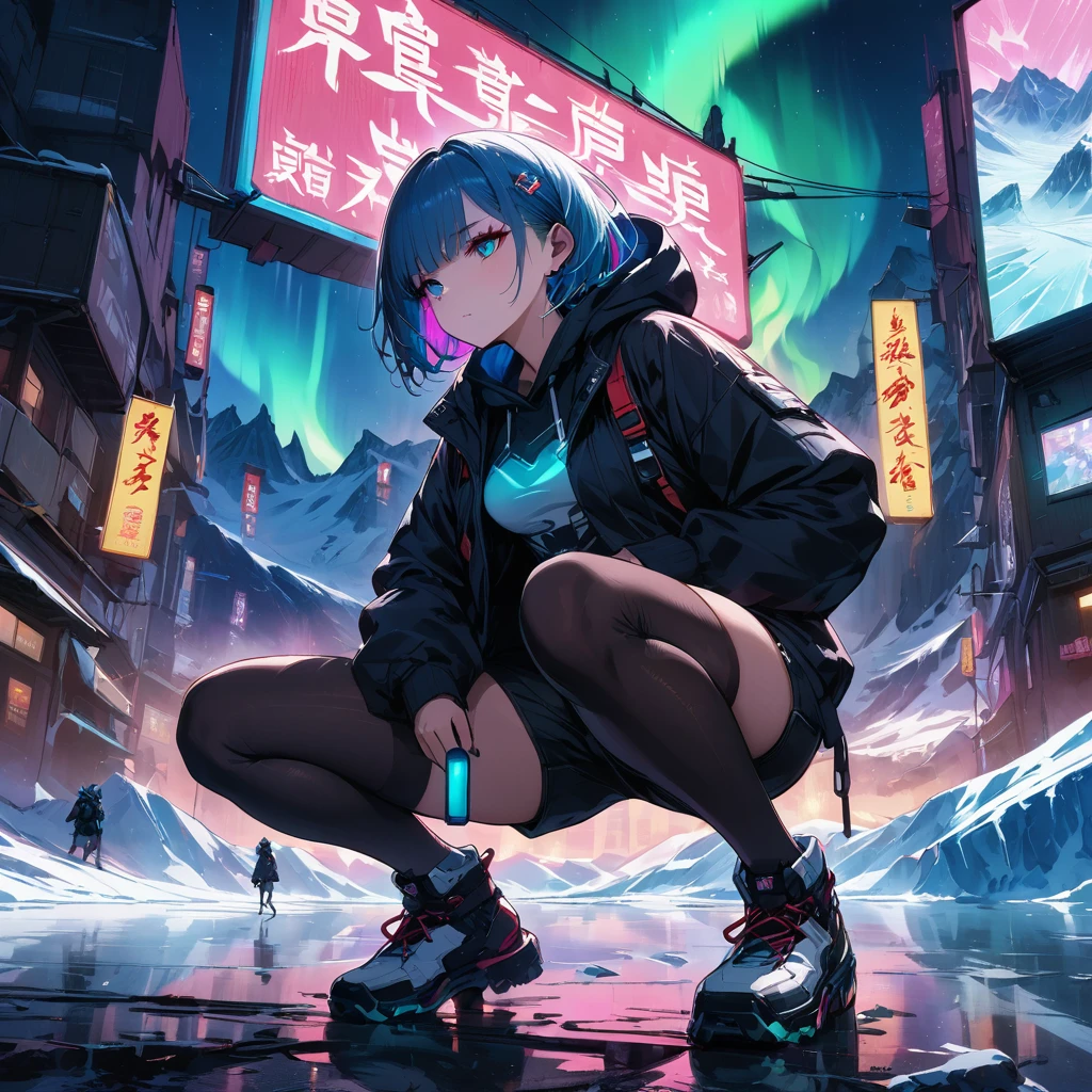 ,A woman squatting on a glacier, compromising and enduring an artificial aurora generated in a small device.night on a glacier,girl,cyberpunk,Shorts, Hoodie Jacket, Tights,A small mecha, a sidekick that comes with the woman., mechanical devices on top of glaciers, Ramen noodle store with small neon lights on the glacier, multiple auroras, colorful gradations,The only ramen store standing alone,Small transparent domed mechanical devices with auroras