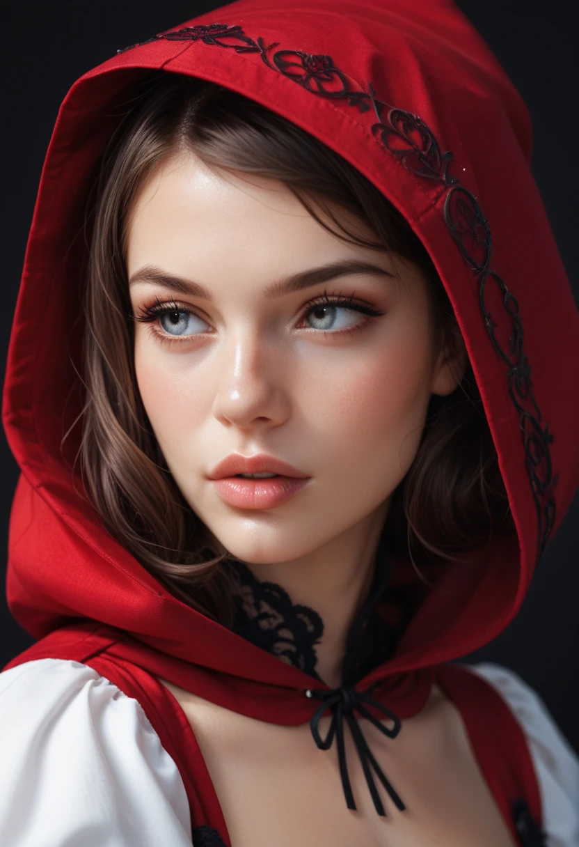 (( extreme detail)),( super detailed), чрезвычайно детализированные обои CG unity 8k, velvet, statuette, Little Red Riding Hood,  short top ,  starry headgear, puffy sleeves, lips,  looks away,  close-up , Turning the head, black background