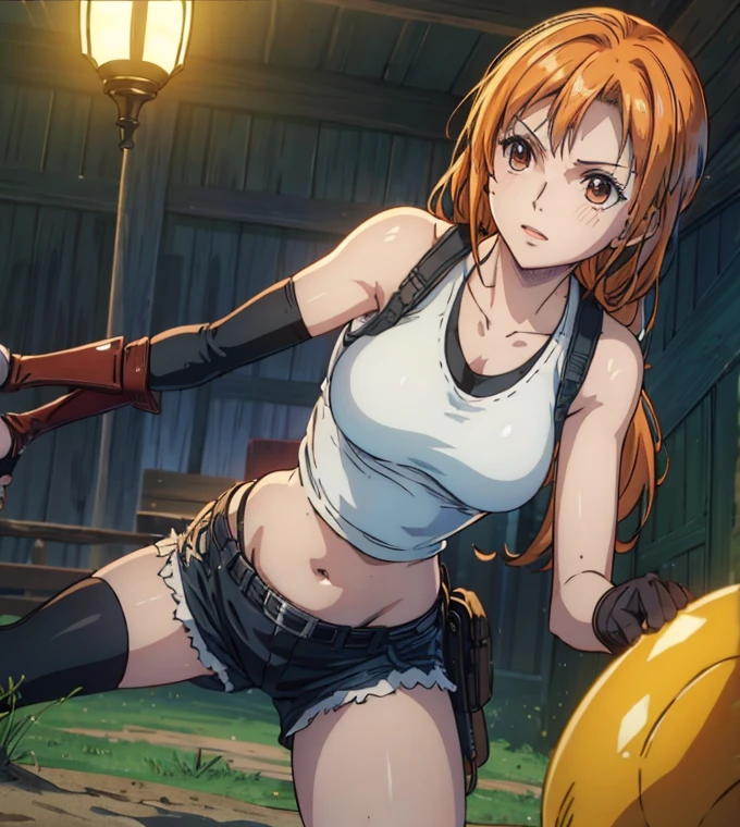 not nsfw (masterpiece, best quality, 4K, 8k,   high definition  , masterpiece:1.2),  super detailed, (Realistic, photoRealistic, photo-Realistic:1.37),    Pale Orange Hair  ,  dress, pale orange hair hidden in thick grass ,( side tail,Braiding), Beautiful Brown Eyes , Nami tattoo on left shoulder, beautiful lips,Beautiful lipstick,smile, looking at the camera, Big Breasts , Martial Artist,gloves,( transparent tank top in the house ),( transparent nipples ), shorts,belly button,Combat with enemies,  Light Motion 1 .5 ,(Straight right),( movement activation light goes back and conveys a sense of speed 1.5,  The activation light for movement is beautiful pale blue 1 .5),( Fantasy worldview ),Perfect body,Perfect means,Perfect body