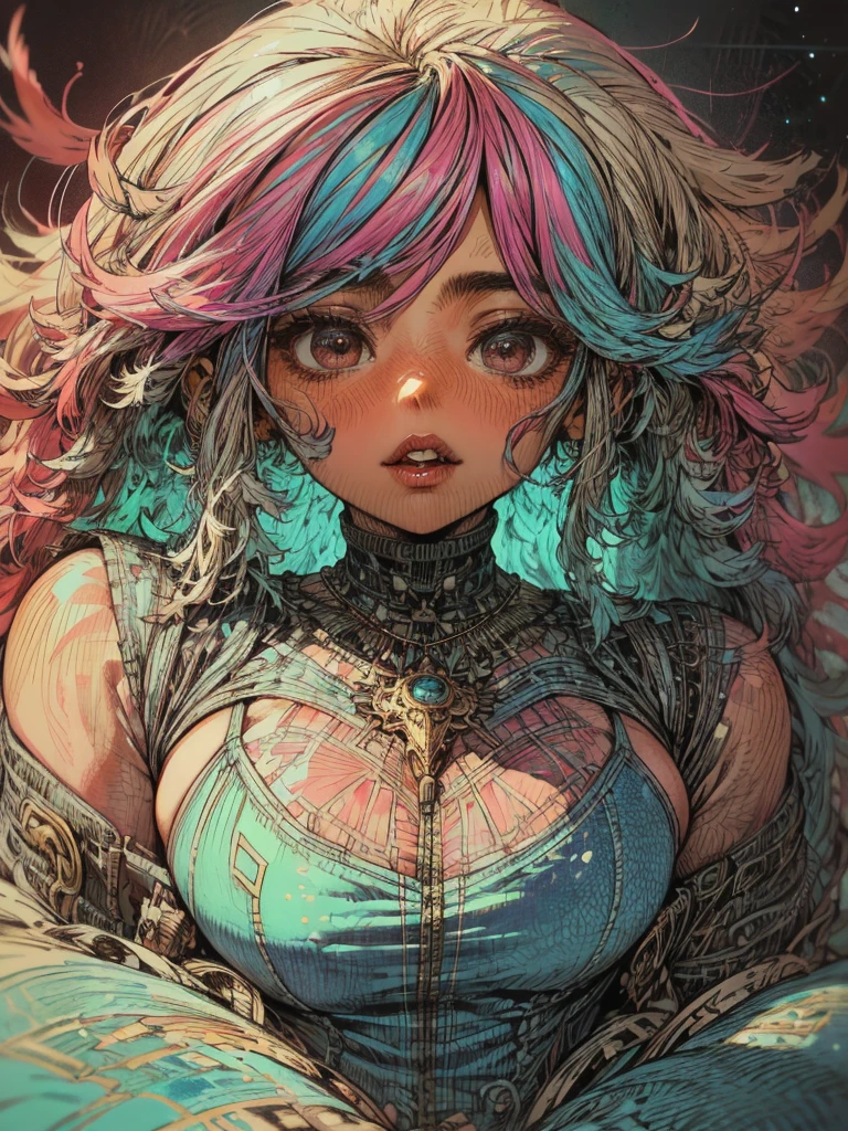 Close-up of a woman with colorful hair and necklace,  anime girl with cosmic hair , The gentle vitality of Rossdraws, Gouvez ,  fantasy art style , colorful], vibrant fantasy style,   Ross-style art draws a cartoon full of vitality , cosmic and colorful, guweiz, colorful digital fantasy art, stunning art style, beautiful anime style,  white pele, subtle