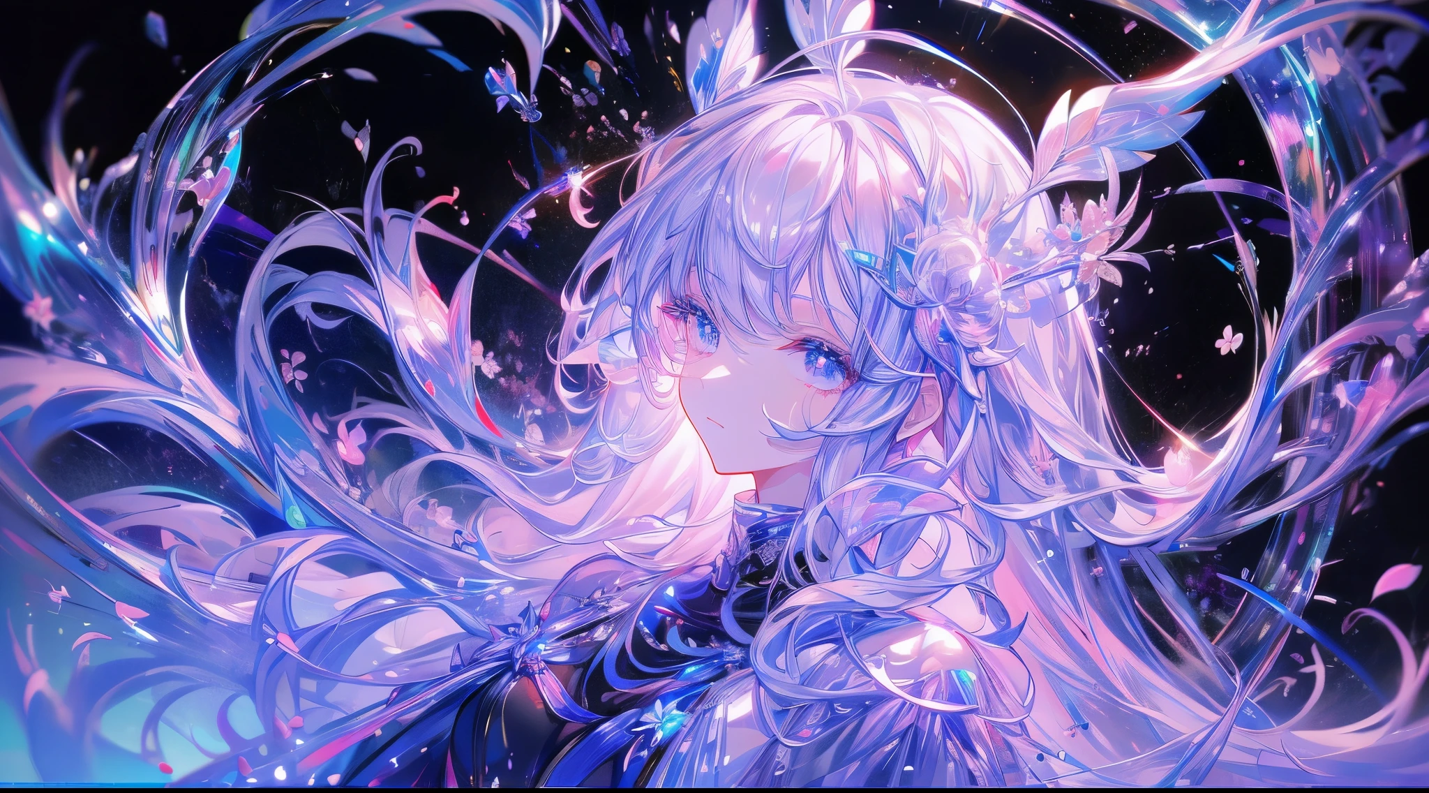 absurd, high definition , super detailed , high definition , masterpieces」, best quality, and hen , black hair, expressive blue eyes, Honkai:Star Rail, Alone, sexy man, handsome, Black clothes, White jacket, water, magic , blossoms , Pink Flowers , Pink Flowers びら, fantasy, Shine