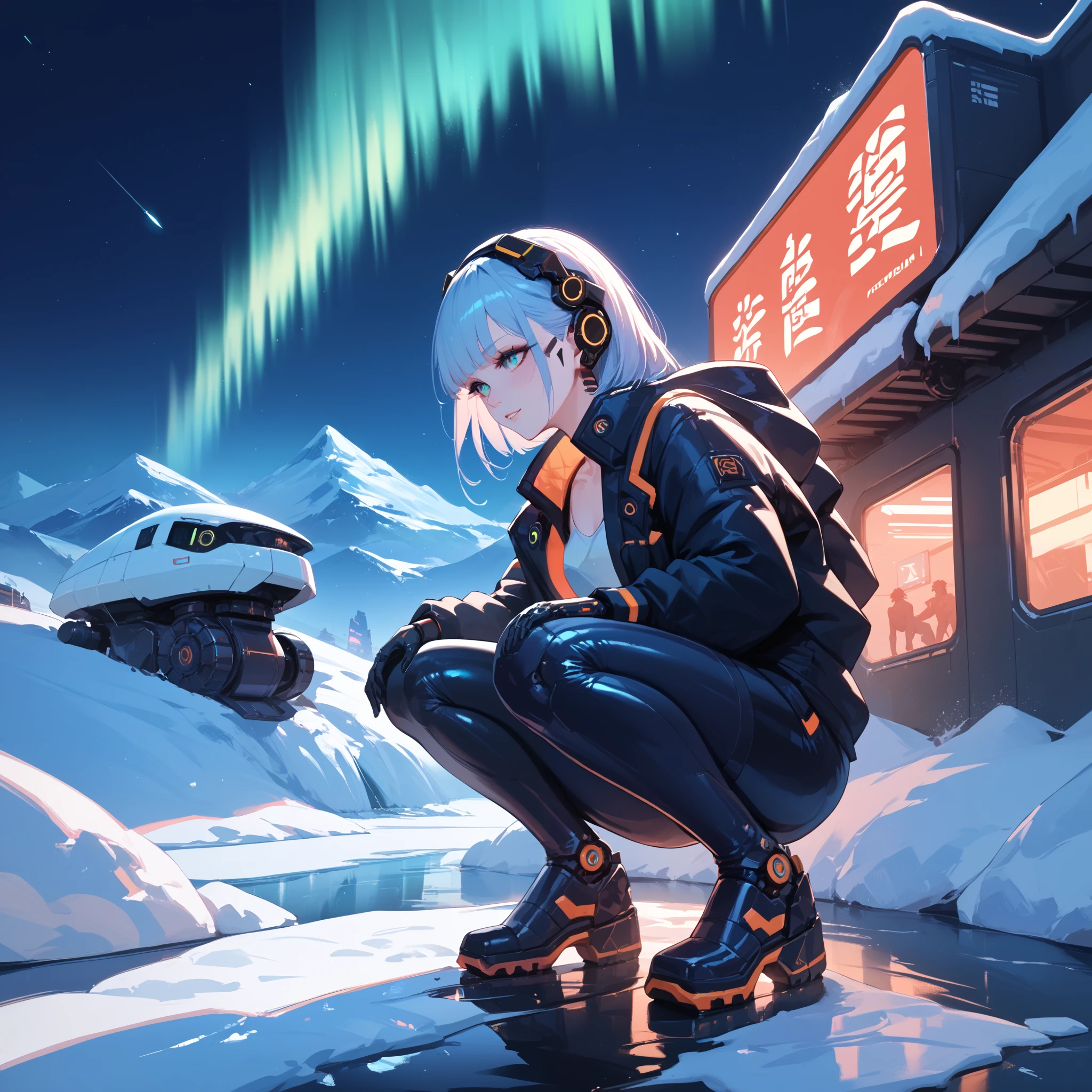 Small transparent domed mechanical devices with auroras,A woman squatting on a glacier, compromising and enduring an artificial aurora generated in a small device.night on a glacier,girl,cyberpunk,, mechanical devices on top of glaciers, pitch black night sky