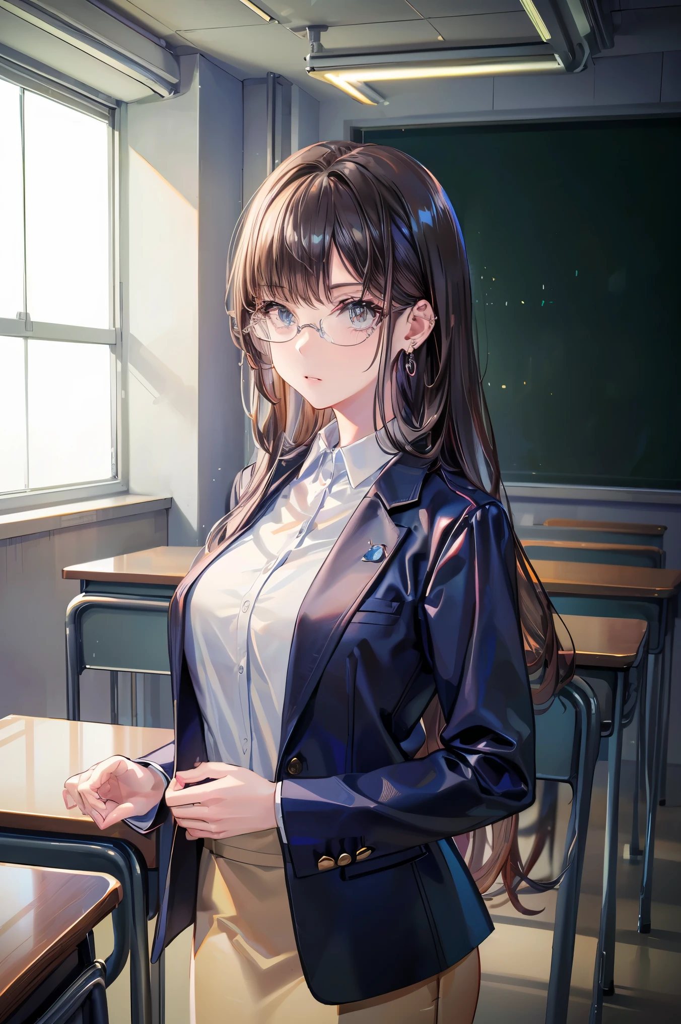 (((Best quality, 8k, Masterpiece: 1.3)), ((best quality)), ((masterpiece)), (detailed), perfect face, perfect body, (detailed skin:1.3), (intricate details), black hair, bangs, hair behind ear, very long hair, jewelry, earrings, masterpiece, textured skin, high details, best quality, Adult woman, high school teacher, wearing a jacket, dark blue suit, white blouse, tight skirt, mature woman, good figure, standing alone in the classroom, in class, eyeglass