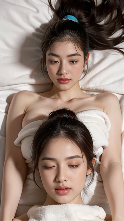 1 man and 1 woman lying on the bed，Show your shoulders，With eyes closed，Calm expression，Covered with a towel，Lie flat on your back on the bed，High top view，Full body image