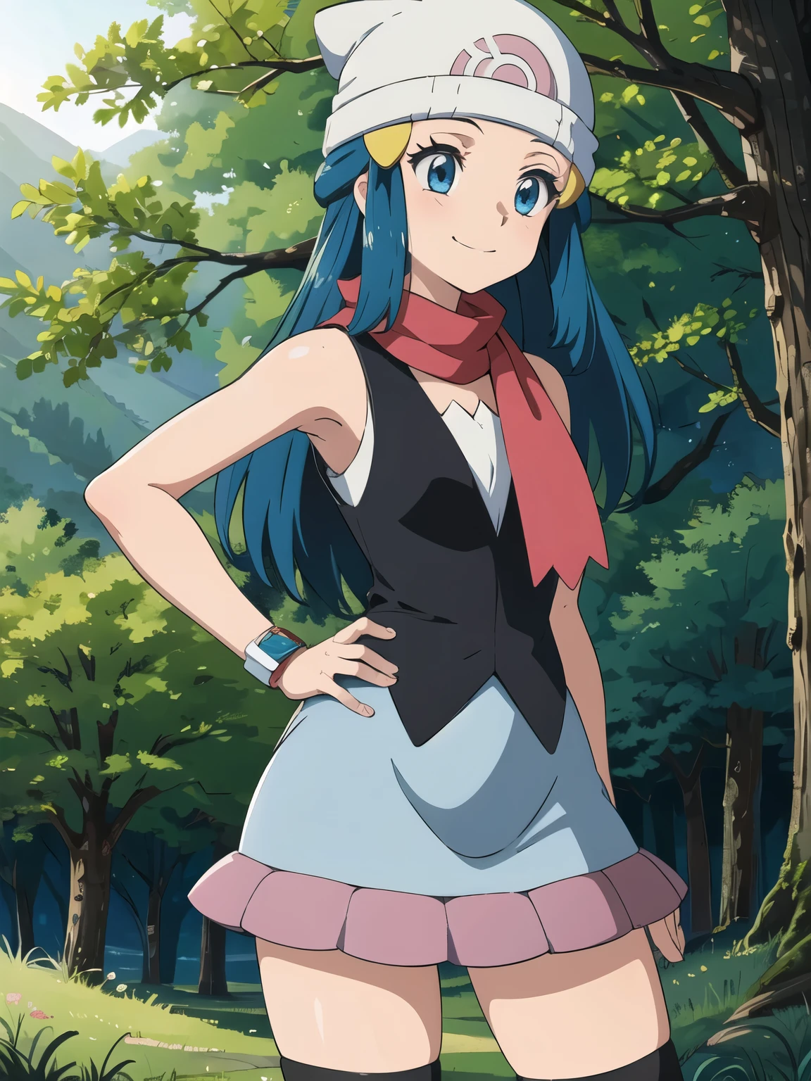 dawn \( Pokémon\), forest, light,  1 girl , Alone,  COWBOY SHOOTING ,  putting their fingers in their lips,  blue eyes,  blue hair, smile,  closed mouth ,  puts his hand on his lower back, Beanie,  hair clips,  sleeveless shirt,  skirt, kneehighs, scarf,