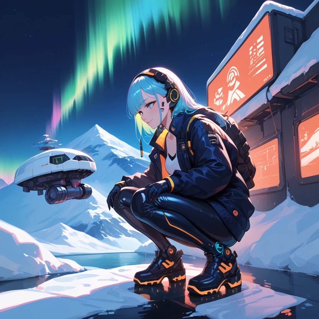 Small transparent domed mechanical devices with auroras,A woman squatting on a glacier, compromising and enduring an artificial colorful aurora generated in a small device.night on a glacier,girl,cyberpunk,, mechanical devices on top of glaciers, pitch black night sky,, colorful gradations,colorful aurora 