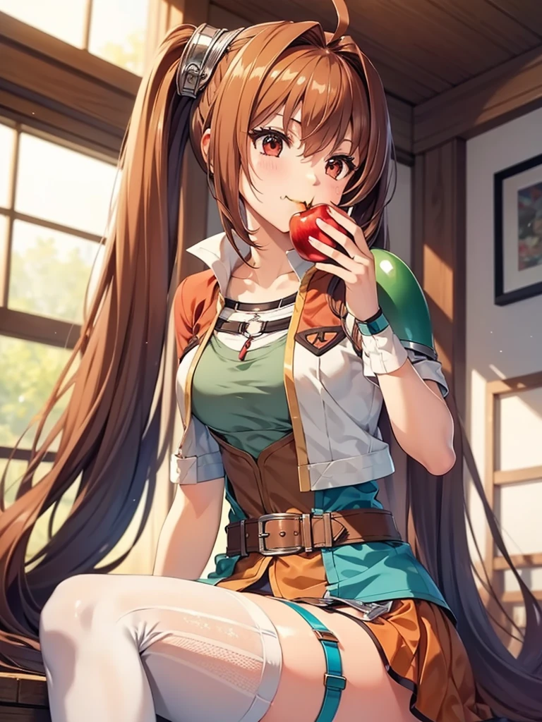 (masutepiece, Best Quality, hight resolution, nffsw, Perfect Pixel, depth of fields, 4K), Beautiful anime girl, Perfect body ,,,scEstelle, cropped jacket, green shoulder pad, tan shirt, orange skirt, belt, white thighhighs,(((wearing sexy garter belt))), (eating an apple:1.4) , smile , open the mouth, upper body, sitting