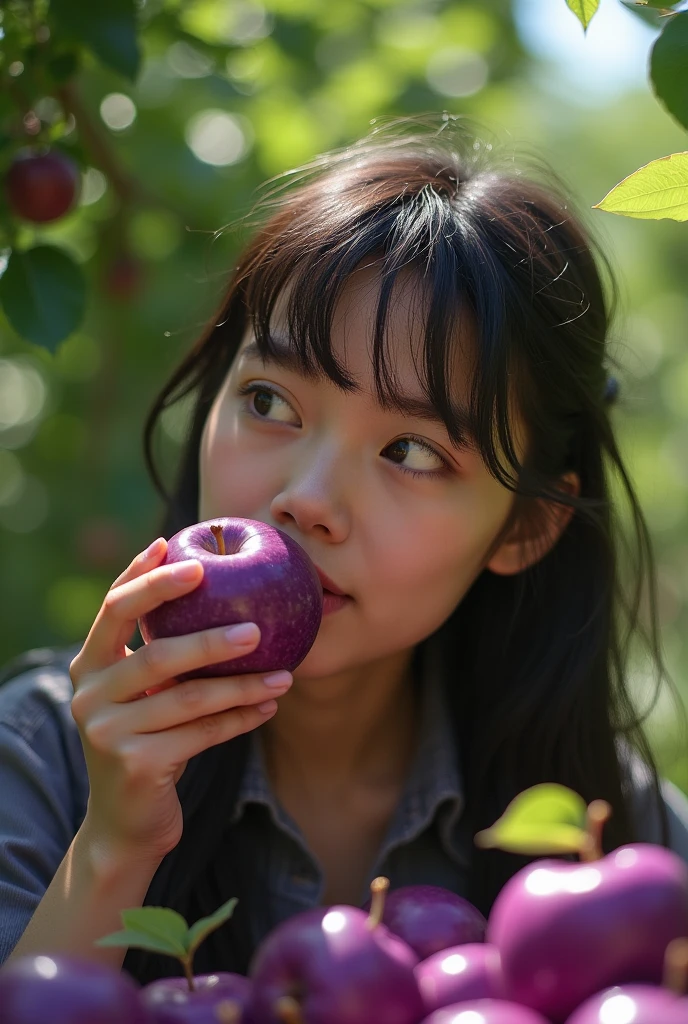 A person who eats purple apples