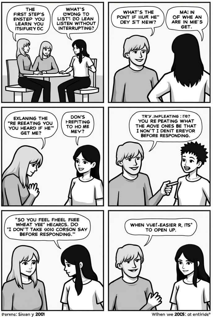 Page 2: Communication is Key
Panel 1: Mia sits down between them and says, “The first step is learning to listen without interrupting.”
Panel 2: Sarah and Marcus look at each other, skeptical. Speech bubble from Sarah: “What’s the point if he doesn’t get me?”
Panel 3: Mia explains, “Try repeating what you heard the other person say before responding.”
Panel 4: Marcus repeats Sarah’s words: “So, you feel like I don’t take your concerns seriously?”
Panel 5: Sarah looks surprised and nods.
Panel 6: Narrator box: “When we feel heard, it’s easier to open up.”