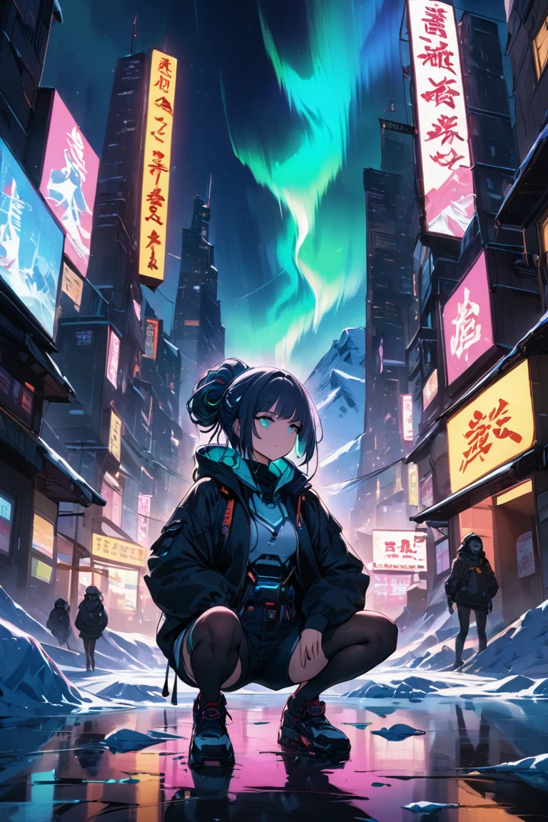 ,A woman squatting on a glacier, compromising and enduring an artificial aurora generated in a small device.night on a glacier,girl,cyberpunk,Shorts, Hoodie Jacket, Tights,A small mecha, a sidekick that comes with the woman., mechanical devices on top of glaciers, Ramen noodle store with small neon lights on the glacier, multiple auroras, colorful gradations,The only ramen store standing alone,Small transparent domed mechanical devices with auroras