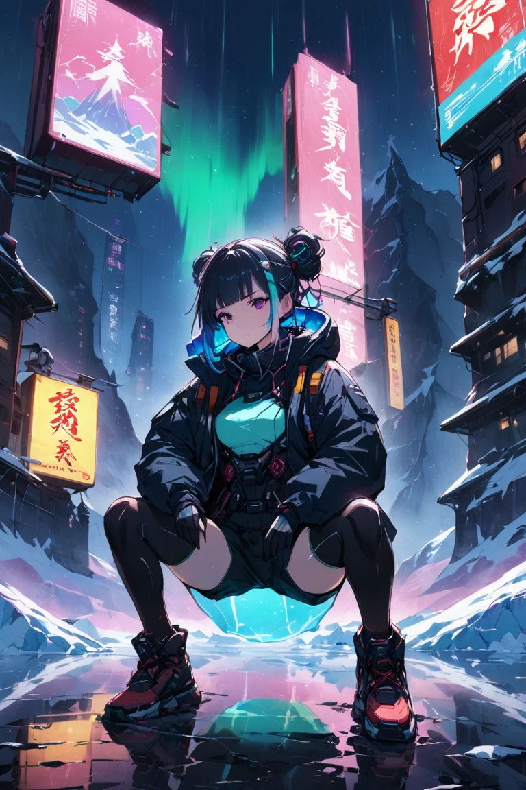 ,A woman squatting on a glacier, compromising and enduring an artificial aurora generated in a small device.night on a glacier,girl,cyberpunk,Shorts, Hoodie Jacket, Tights,A small mecha, a sidekick that comes with the woman., mechanical devices on top of glaciers, Ramen noodle store with small neon lights on the glacier, multiple auroras, colorful gradations,The only ramen store standing alone,Small transparent domed mechanical devices with auroras