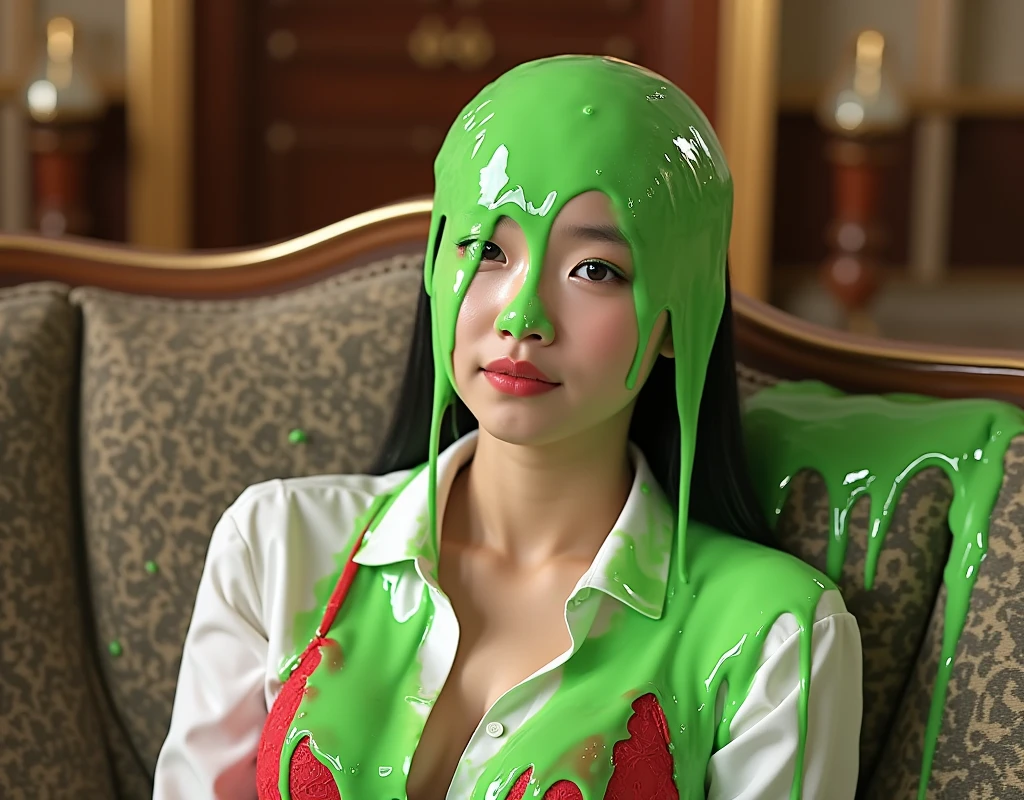 Cinematic photograph of Chinese teen covered in green slime. Wearing red lace push-up bra under white button shirt. f/1.4 aperture. hyper-realistic style. (Chinese teen: 1.1). Long fake eyelashes. Dripping green goo. 50mm. 8k. Photorealistic. Reclining on couch. Inside Mansion. Inside luxury home. Glistening liquid. Slime. Raw photo. Delicate eyes. Instagram influencer makeup. Small cleavage. Chinese Instagram influencer. Chinese model. Sexy Chinese girl. black eyeshadow. Dripping green slime on face. Asian beauty. Skinny girl. Petite girl.