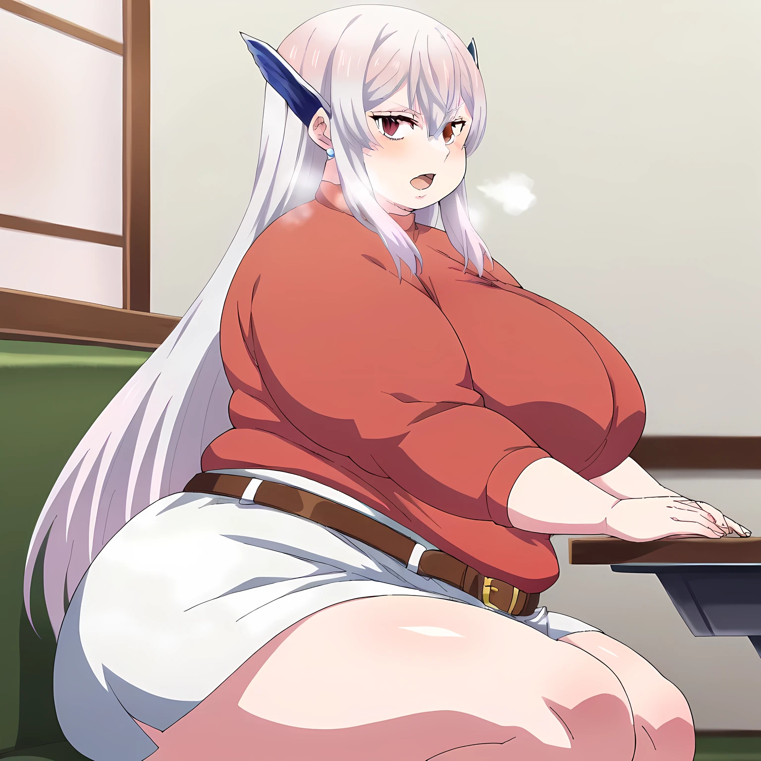 kyouka uzen, long_hair, 1girl, solo, white_hair, red_eyes, hair_between_eyes, large_breasts,   looking at viewer, belt, white_skirt, red_shirt, sweater,score_9, score_8_up, score_7_up, score_6_up, score_5_up, score_4_up ,BREAK source_anime, anime fat, chubby, obese, gigantic arms and legs, huge ass, open mouth, out of breath, sitting, from side