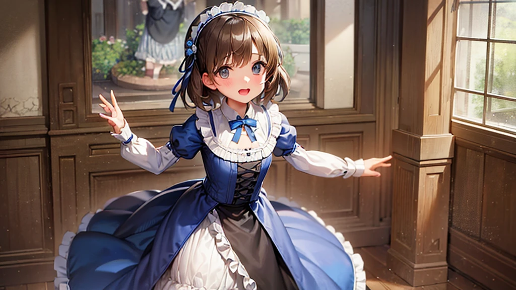 masterpiece, best quality,1girl, solo,whtie hair,medium hair,blue eyes,long sleeves,juliet sleeves,apron,maid,maid headdress,puffy sleeves,green dress,vest,buttons, white thighhighs,standing, looking at viewer, nose blush, (holding mop:1.2), (from below:1.3),