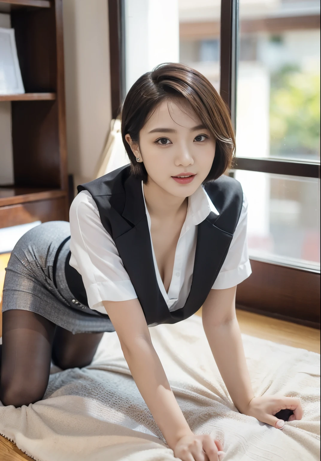 desktop,  Alina , Realism, Meticulous details,  high resolution, Beautiful Japanese woman  , beautiful detailed eyes ,  beautiful detailed lips,  extremely detailed face , small head, small areola,  Movie Light , Realistic photos, 【8k,  High Quality ,  extremely detailed , look at me,Smile,(formal shirt),(pencil skirt),(short hair:1.2),(random location),( medium breasts:1.2),(Inami artwork ),slender,beautiful legs,(Cutting:1.3),( sexy posing ),mini skirt, ( Bokeh :1.3) ( Black Socks :1.2),( office lady :1.4),(on all fours:1.3)