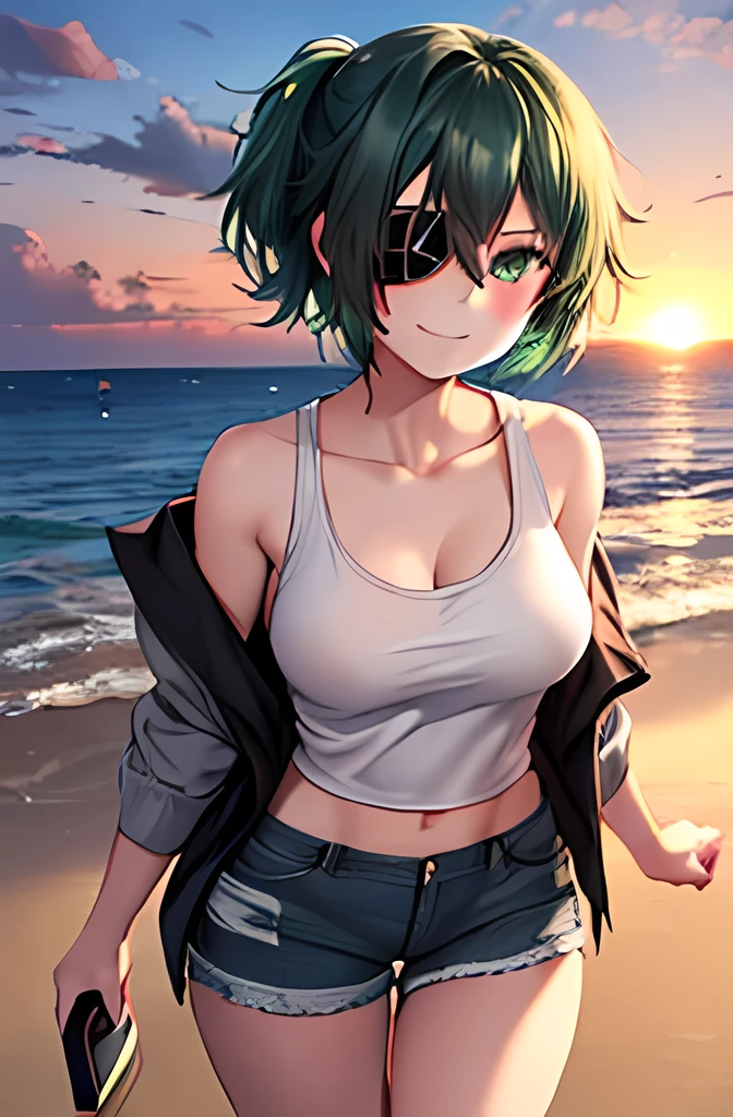  one girl who is at ease， green hair， shortcut，eyepatch(right eye)， green eyes(left eye) watching here，smile， Modest Breasts ， black tank top，Grey shorts，gray outerwear (Shoulder Bare)，barefoot，sea， standing，sunset，