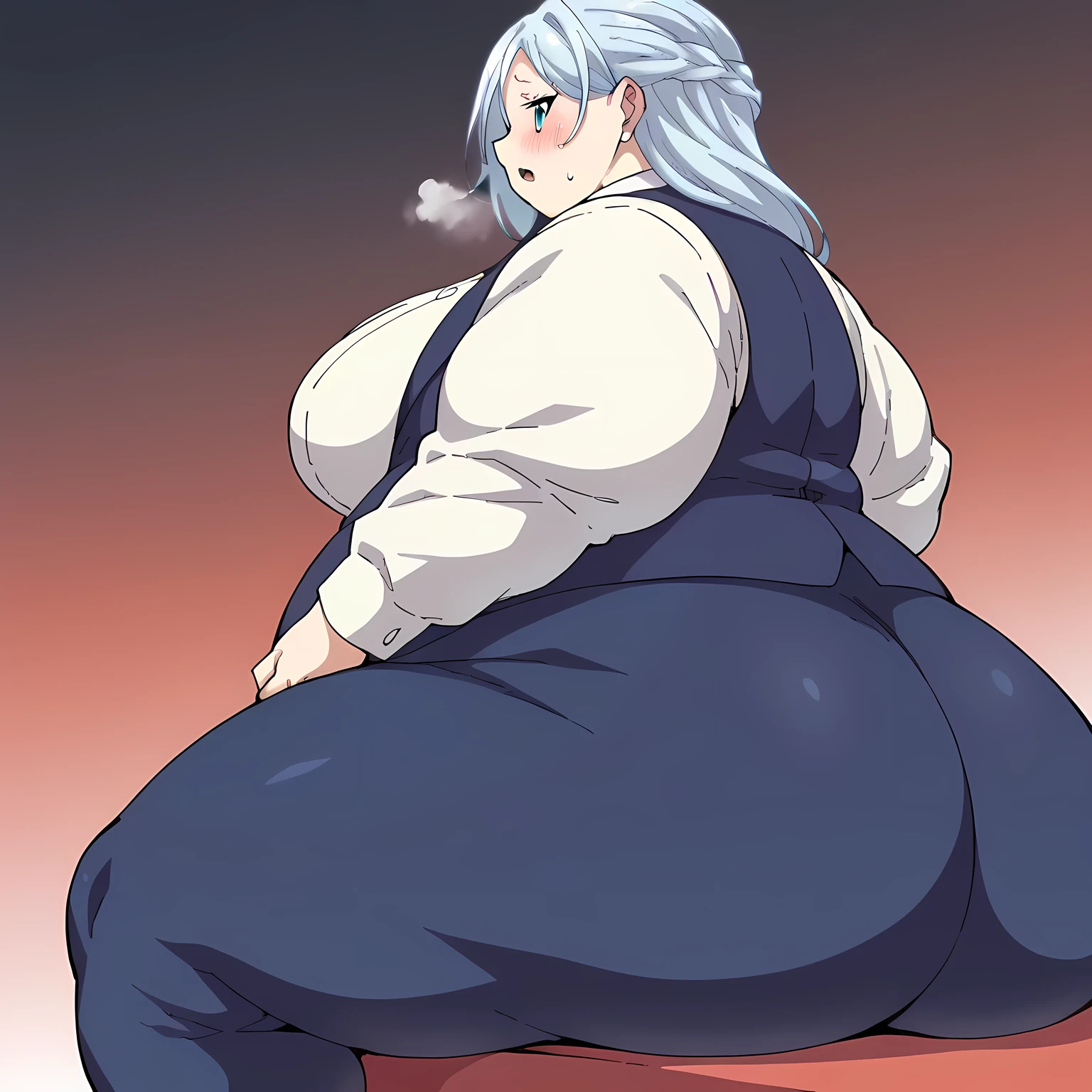 sylpha, long_hair, 1girl, blue_eyes, blue_hair, solo, blush, large_breasts,  vest, white_shirt,, score_9, score_8_up, score_7_up, , anime coloring ,BREAK source_anime, anime fat, chubby, obese, gigantic arms and legs, large breasts open mouth, out of breath, sitting, from behind, huge ass