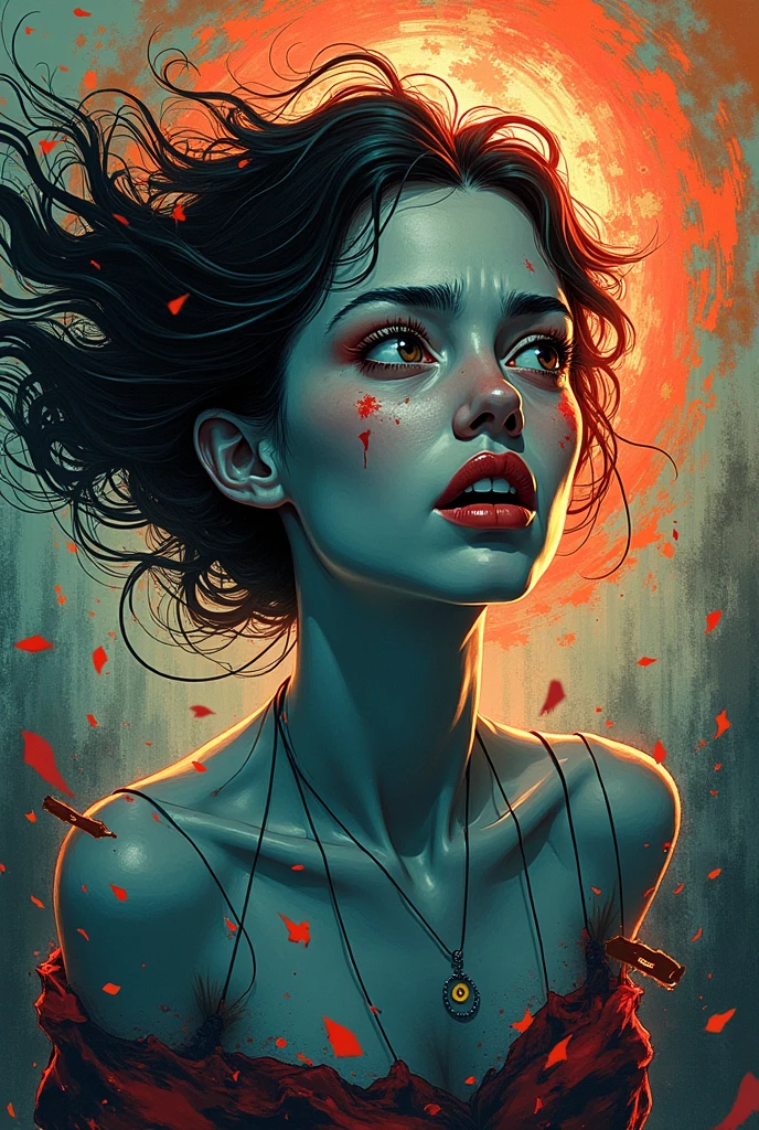 que pinta uma tela, cabelo laranja, cabelo ruivo. No estilo de Adrian Ghenie, esao andrews, Jenny Saville, Eduardo Hopper, Surrealismo, Arte Sombria de James Jean, Takato Yamamoto, Minimalismo inkpunk. No estilo de Tim Burton. Addams Family Style. lo gothic. Corpse Bride. No estilo de Shadbase. No estilo de Shadman.