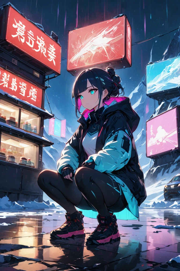 ,A woman squatting on a glacier, compromising and enduring an artificial aurora generated in a small device.night on a glacier,girl,cyberpunk,Shorts, Hoodie Jacket, Tights,A small mecha, a sidekick that comes with the woman., mechanical devices on top of glaciers, Ramen noodle store with small neon lights on the glacier, multiple auroras, colorful gradations,The only ramen store standing alone,Small transparent domed mechanical devices with auroras