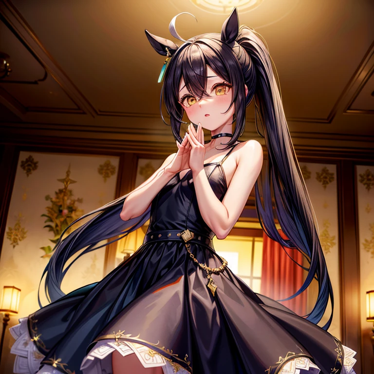 (( best quality)), ((masterpiece)), (  Details), ( ultra high resolution)、 Manhattan cafe、
Ahoge、 horse tail、Thin chest、 ponytail 、
 perfect face、超 Detailsな肌、(Perfect Fingers、Perfect hands)、 perfect body、
(Black evening dress)、
whole body、 standing、Put your arms down、( cowboy shot 1,3)、
Luxurious banquet hall、 professional lighting、８k、