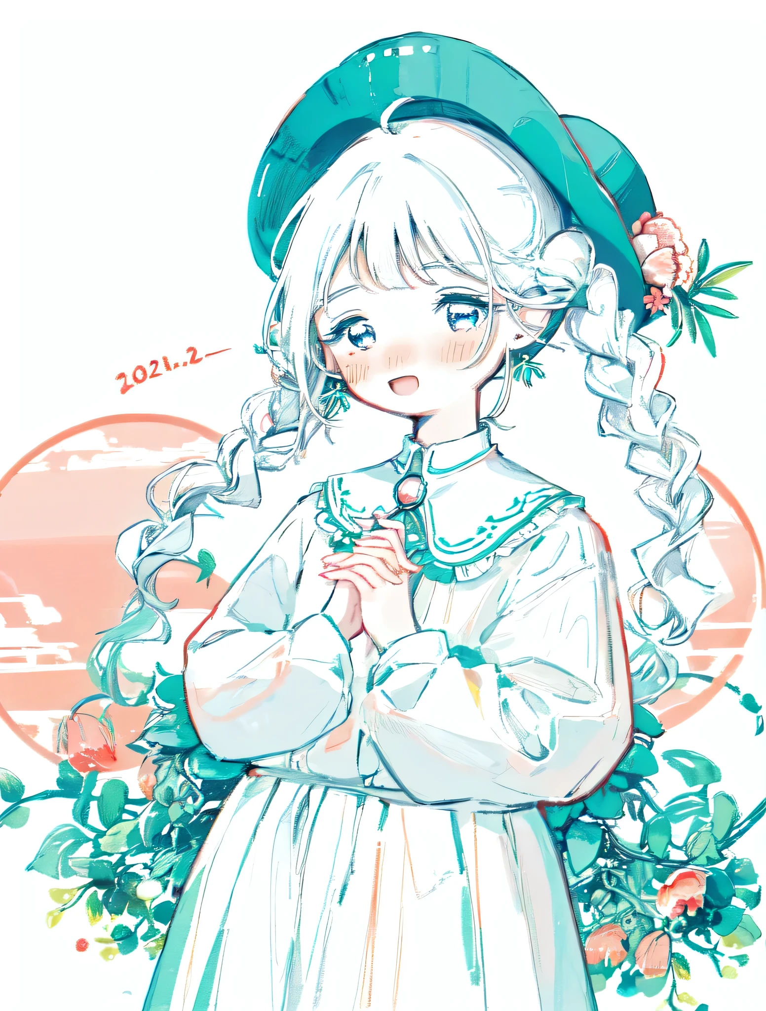 evidence,  1 girl , :d, bangs, ,  braided , Floral print, flower,  hair flower,  hair ornament,  Long Sleeve ,  putting their fingers in their lips,  open your mouth,  simple background, smile, Alone, twin  braided s,  upper body, White background, White Flower, Long Hair,  blue eyes,  skirt,  shirt,  have , holding,  twin tails,  jewelry, white  shirt, Gray Hair,  COWBOY SHOOTING ,  earrings for a woman alone,  Puff Sleeves , collared  shirt, artist name, signature,  Necklaces , Aqua Eye, leaf,  stickers,  my hands together , plant, red head decoration , puffy  Long Sleeve , No nose,  Limited Palette , color guide Limited Palette ,