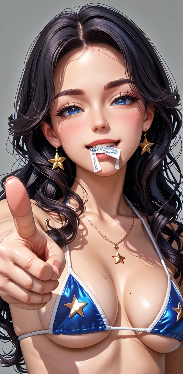 anime girl 、drooling、  embarrassed expression  、 Composition focusing on the face  、nsfw.（ Micro Sparkling Bikini  :1.7）、1 female, ( Focus on the chest ,  Pointing in front of her mouth  :1.6),   A woman with a soft expression places her index finger over her mouth "still" pose,  black hair color,   natural light creates soft shadows on your face ,   Soft wavy hair and smooth skin  ,  Warm light shines on  ,  A small star shining in your eyes ,   long lashes,  Smooth lip lines ,  Natural three-dimensional effect ,  A gentle smile , ((masterpiece)), ((  Best Quality  )), (  very detailed  ), (  very detailed  )), 4K, (8k),  It&#39;s very beautiful, Absurd,  Kampala ,