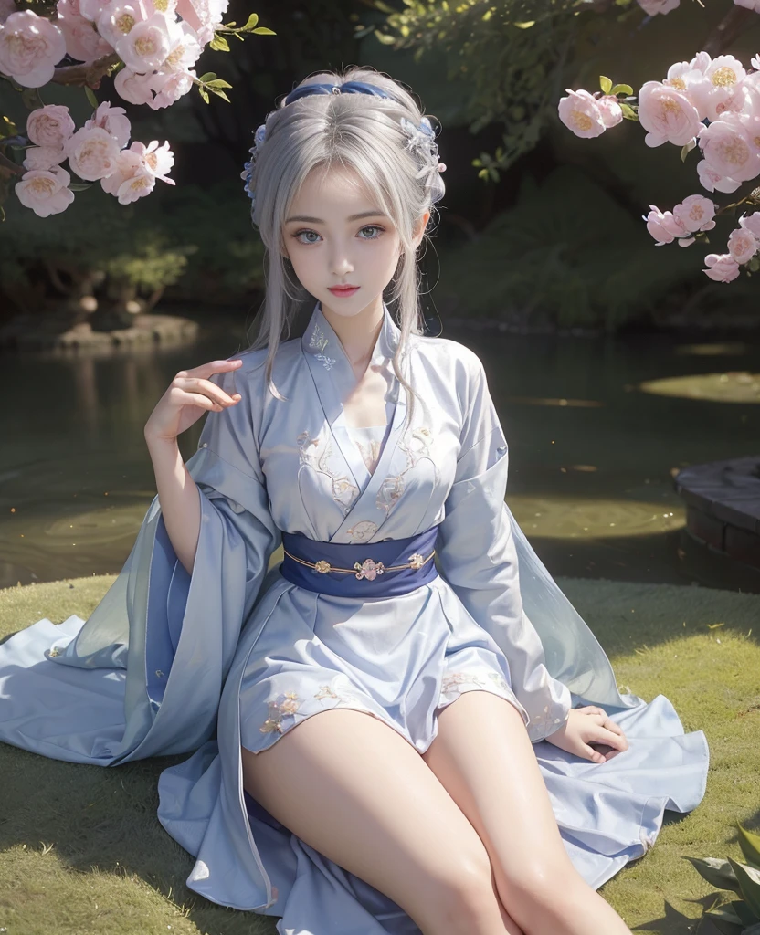 (Very detailed CG Unity 8K wallpaper, masutepiece, Best Quality), Best Illumination, Insanely beautiful, floating, Girl in white Wuxi suit, Blue eyes, Multicolor Hair (Silver: 1.3 + Red: 1.2 + Purple + yellow: 1.3 + Green: 1.3), Beautiful face, Too many drops of water, Clouds, Twilight, Wide Angle, watercolor paiting.