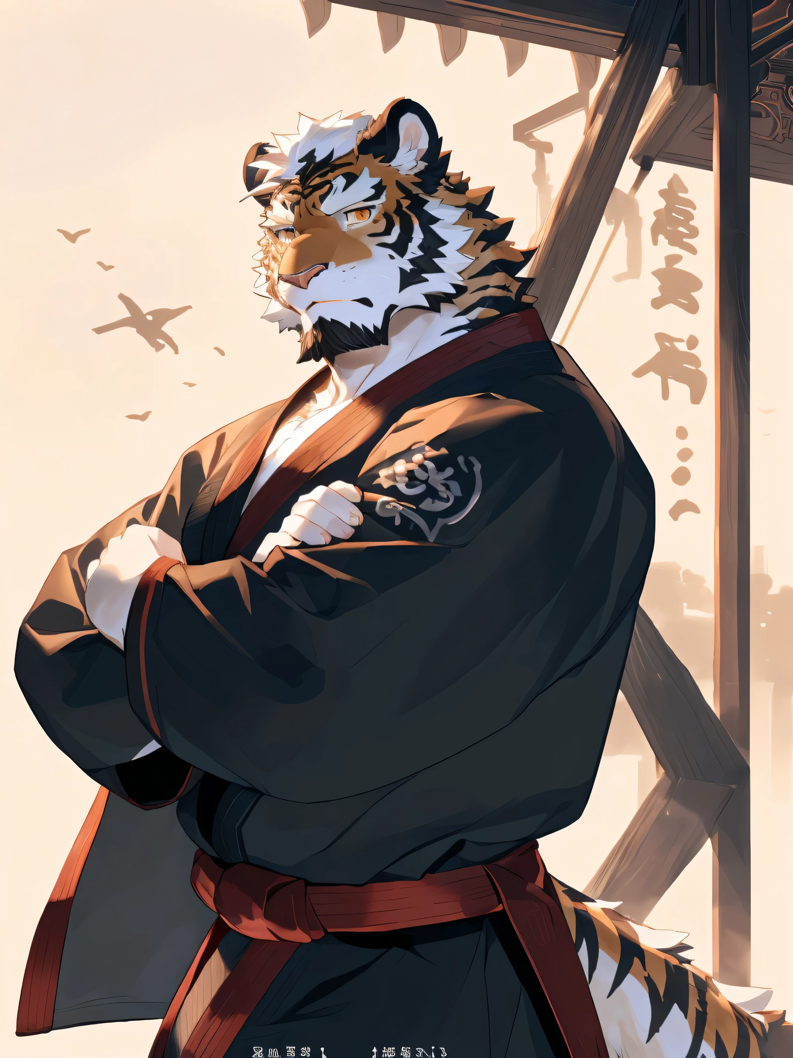 ( white skinTiger),(Upper Half Body Naked:1.7),(Martial Arts Clothing:1.4),(Holding a long sword),(Great posture),Standing quietly,( The background is an ancient city ， There are lots of busy vendors in the city:1.8),(Abdominal muscles),Heroic Pose, perfect masterpiece, various facial details ,close up,Specific description,masterpiece,(CG),( Golden Eyes),The black and white pattern ,black and white tail,,Heroic Pose,Tiger, black and white fur ， specific facial details ,Half Body,(Chang Ling),((Middle-aged people)),(Face focus ),(16k),(HD), Black and white belly ，Temple，beard,(Facial lines),(Heterochromia,),( black and white hair ),(Strong:1.2),(muscle:1.3),( High Resolution :1.3),(close up),( detailed face :1.5)， perfect detail ,(Half Body),( detailed description of the face :1.5),(Zoom in on the face:1.5),(White Facial lines:1.2),(Black Beard:1.3),(white face:1.6),(White body),( white skin, black stripes:1.3),( white cheeks :1.5),( with pale skin :1.3),CG,( smell of quack :1.3),(Martial Arts:1.5),(knight:1.5),( realistic ),A wine bottle around his waist ,