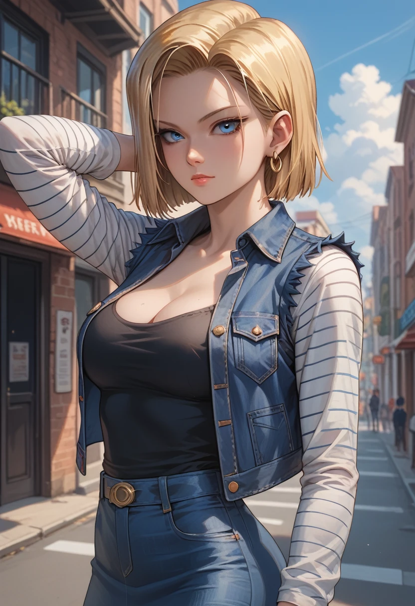 best quality, highres, and18, 1girl, android 18, solo, blonde hair, blue eyes, short hair, earrings, jewelry, denim vest, open vest, black pantyhose, black shirt, denim skirt, striped long sleeves, blue skirt, large breasts, cowboy shot, street,