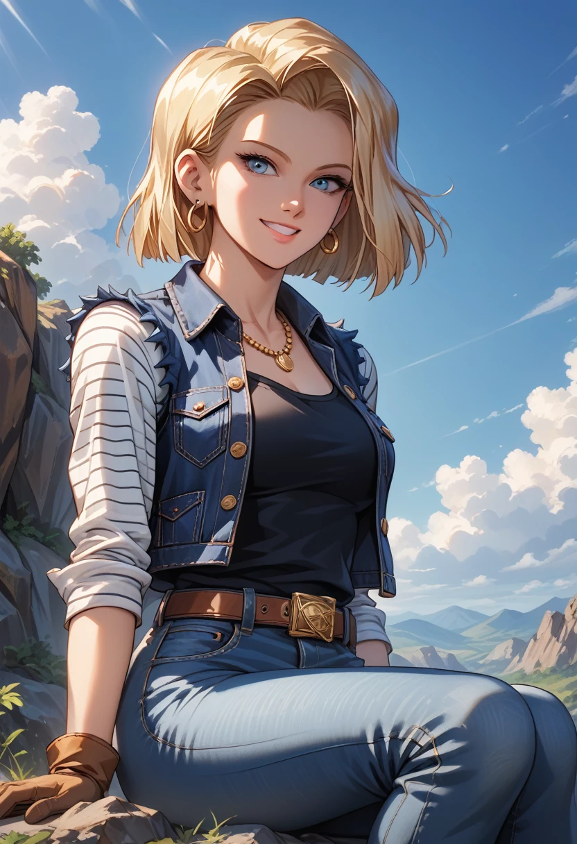 masterpiece, best quality, ultra-detailed, absurdres, Portrait of beautiful Android18DB, solo, earrings, jewelry, denim, smile, belt, vest, cloud, sky, day, pants, outdoors, gloves, necklace, jeans, rock, sitting, sitting_on_rock, volumetric lighting, best quality, masterpiece, intricate details, tonemapping, sharp focus, hyper detailed, trending on Artstation,