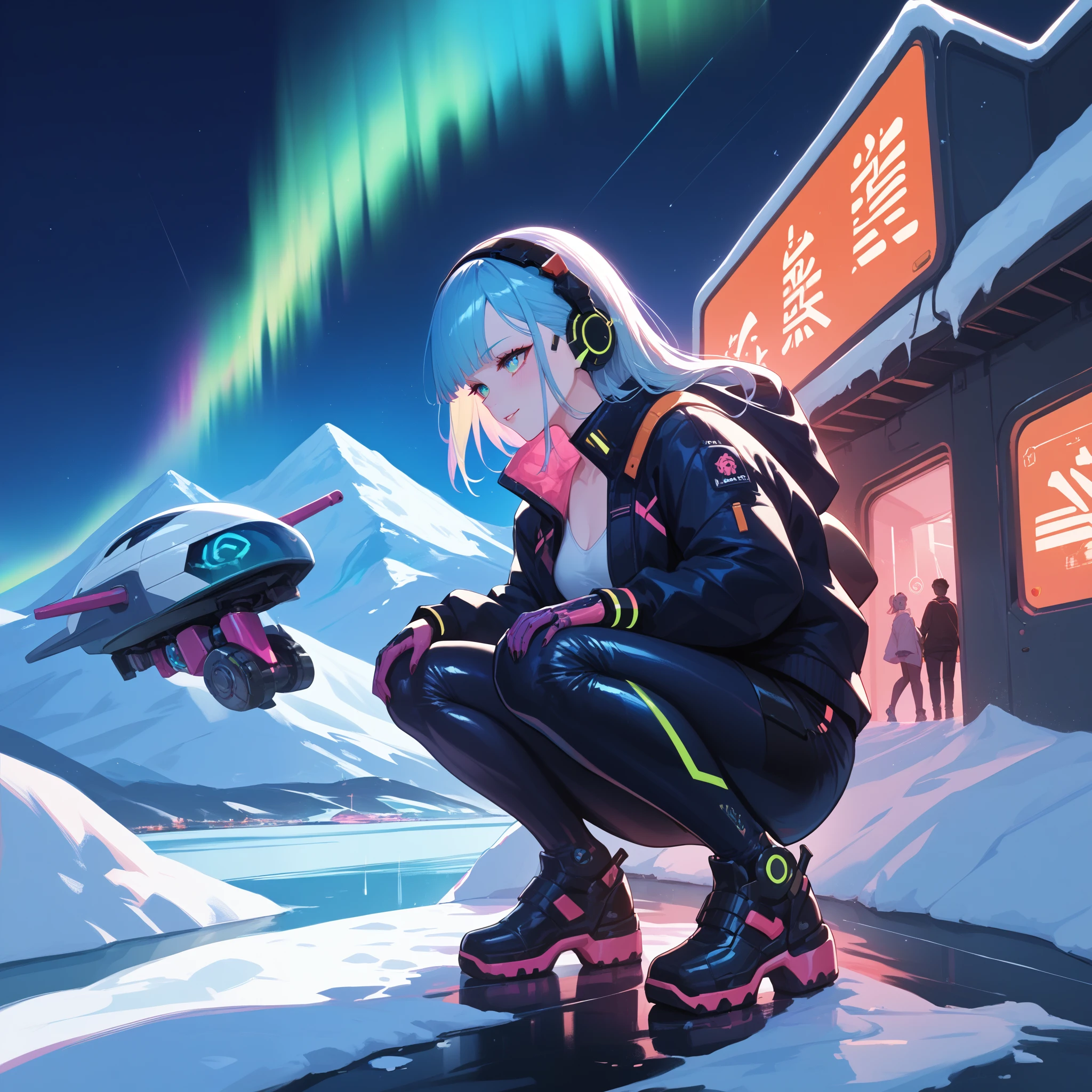 Small transparent domed mechanical devices with auroras,A woman squatting on a glacier, compromising and enduring an artificial colorful aurora generated in a small device.night on a glacier,girl,cyberpunk,, mechanical devices on top of glaciers, pitch black night sky,, colorful gradations,colorful aurora 