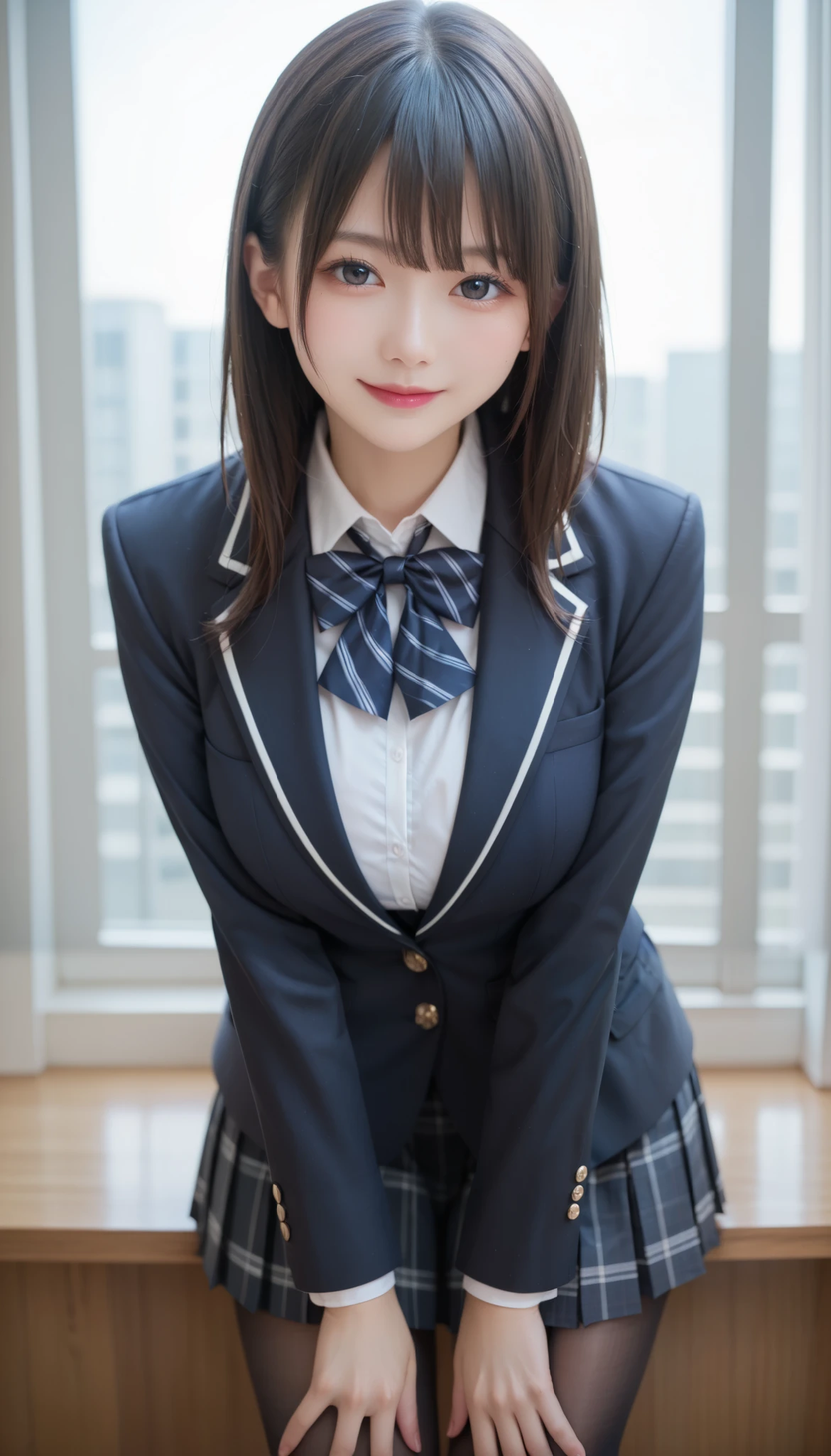 score_9,score_8_up,score_7_up,ultra detailed,absolutely resolution, 32k,masterpiece,best quality,ultra HD quality,detailed beautiful face and eyes,beautiful Japanese girl,Black hair,straight hair,Smile,Steam,school uniform,blazer,modern style with fitted jacket,short skirt,and tights,arms behind back,large breasts,leaning forward,from pov,looking at viewer,class room