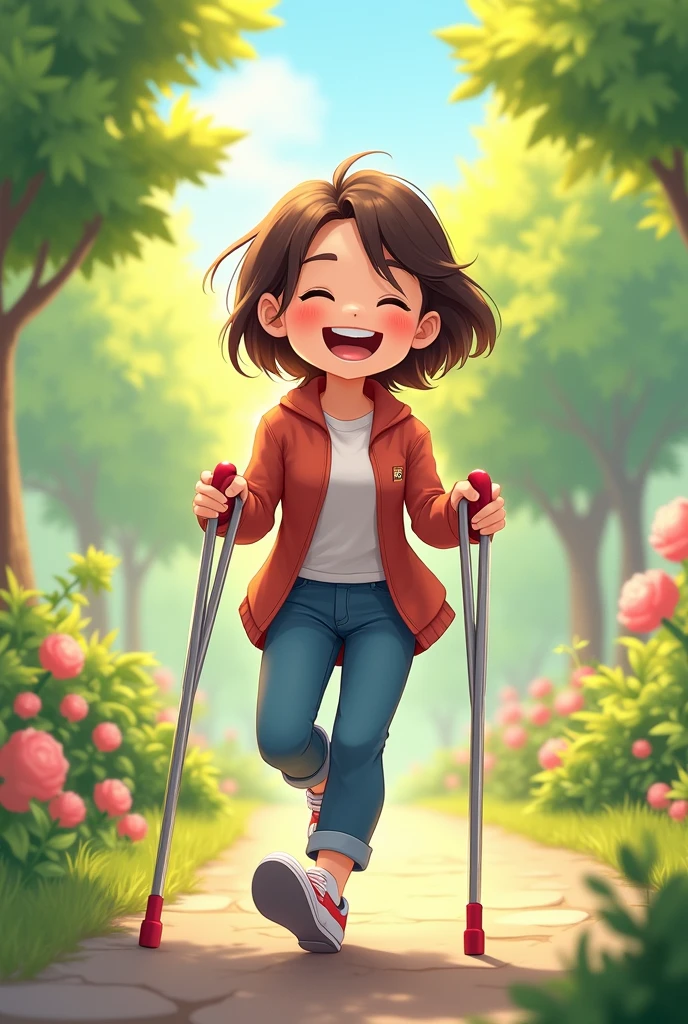 A girl with one leg with crutches

