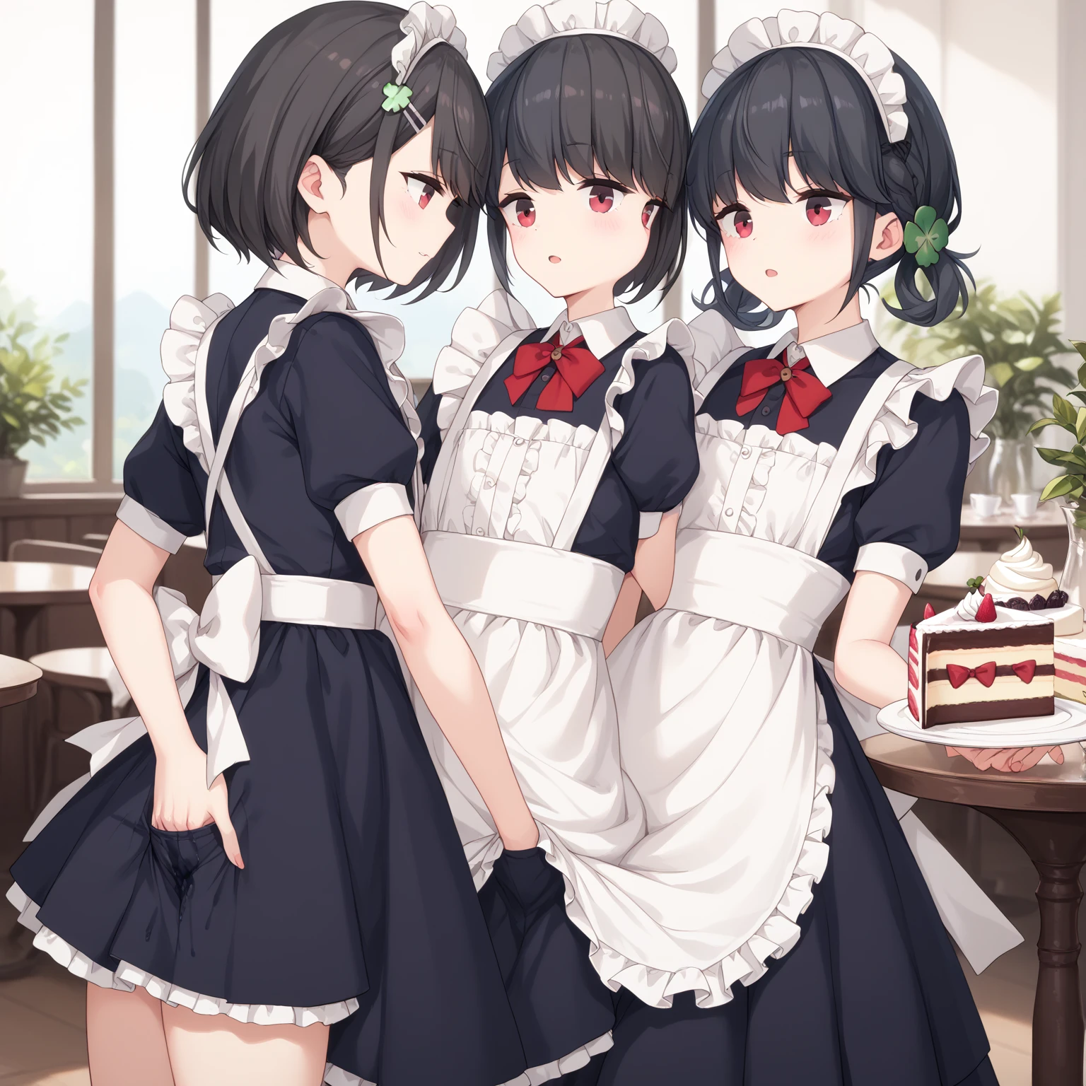  (8k), (  very detailed), (   best illustration   ), Cafe。   two girls。 maid outfit 。. flat chested。 short hair on the side of the uniform。  big red ribbon barrette。Four leaf clover in hair 。adult。 black hair。Shima Rin,Bring me a cake 、 skirt flipping fingering vaginal。Arch your back