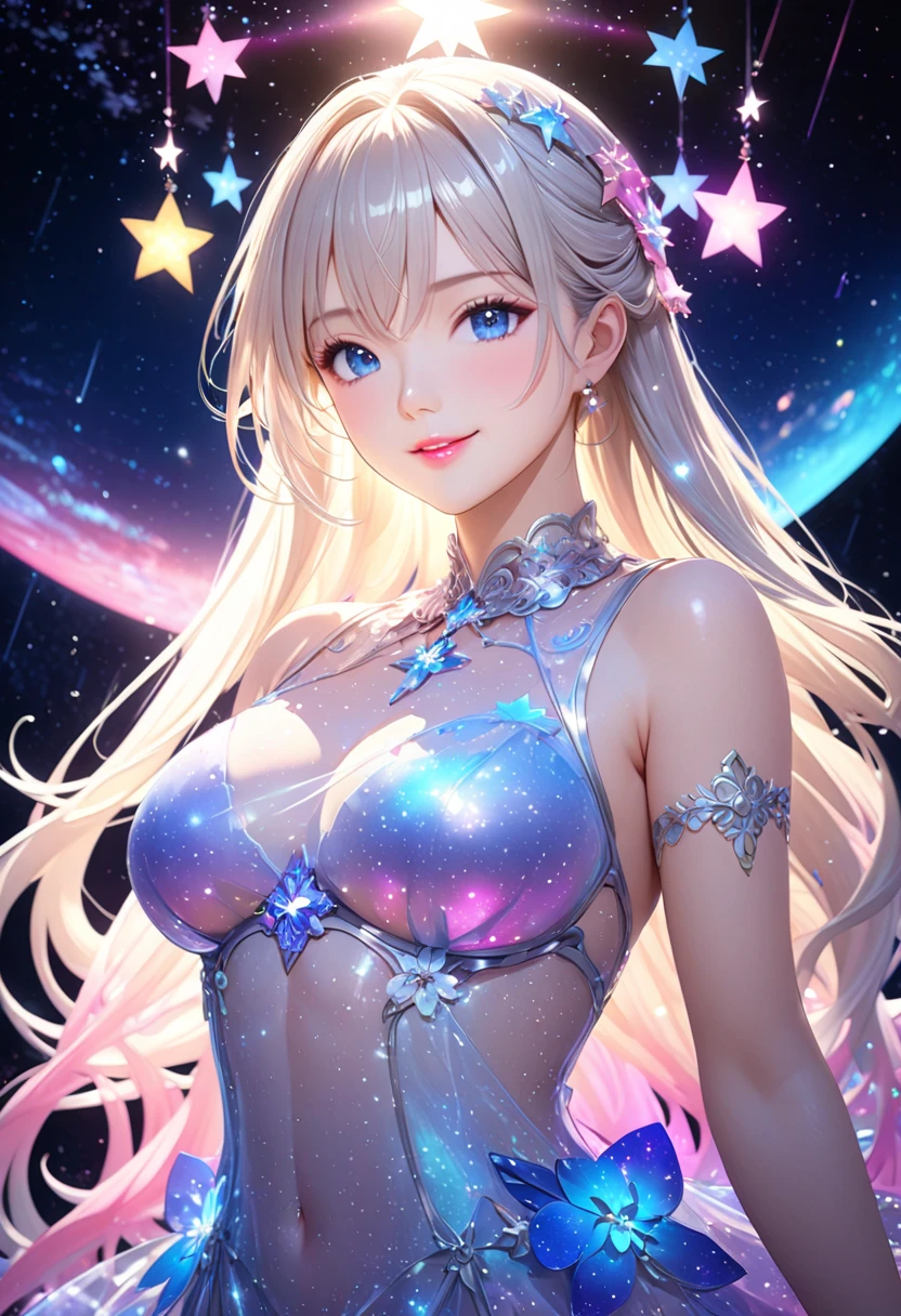 ( best quality,  super detailed, 8k,  high definition ,  High Quality CG), A young and beautiful single woman,  beautiful blue eyes,  cute pink lips,  anatomically beautiful figure,  shiny body,  big chest,  look at me and smile,  Silver Blonde Long Hair ,  Sheer Translucent Luminescent Dress, Colorful light. Coloured Light Particles Scattering ,  vibrant colors, Night Sky, star空, 輝くstar, star, star雲, Celestial Bodies, 惑star,  detailed illustration art, 