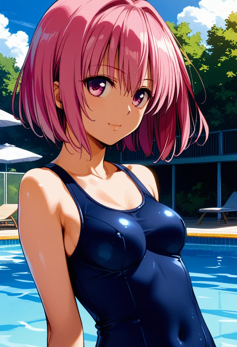 masterpiece, best quality, Yabuki Sentaro , To Loveる,  score_9,  score_8_up,  score_7_up BREAK momo velia deviluke,  pink eyes, Pink Hair,  short hair on the side of the uniform, medium breast,  school swimsuit,  Viewers, Pool、 smiles lightly, upper body, masterpiece,  best quality,  Very Refined,  absurd, Straight,