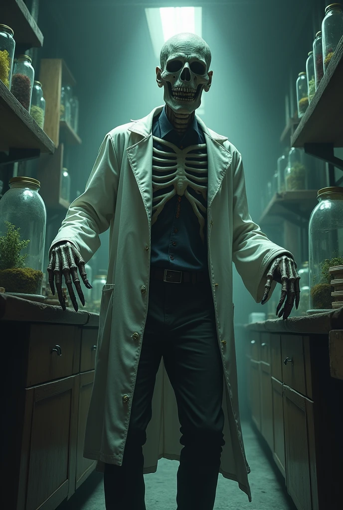 Male zombie-like face, emaciated zombie body, burns and exposed bones. Realistic sideways full body shot, scarred skin. Doctor zombie. Man in white coat. He wears glasses and has a seven-triplet haircut. The background is a hospital. It is reminiscent of the setting of Japanese horror films such as "Sadako. The eerie atmosphere is arranged in a dark and humorous way, creating a comical and eerie scene. The overall style is very realistic and seems to have been culled from a live-action horror film.

Translated with DeepL.com (free version)