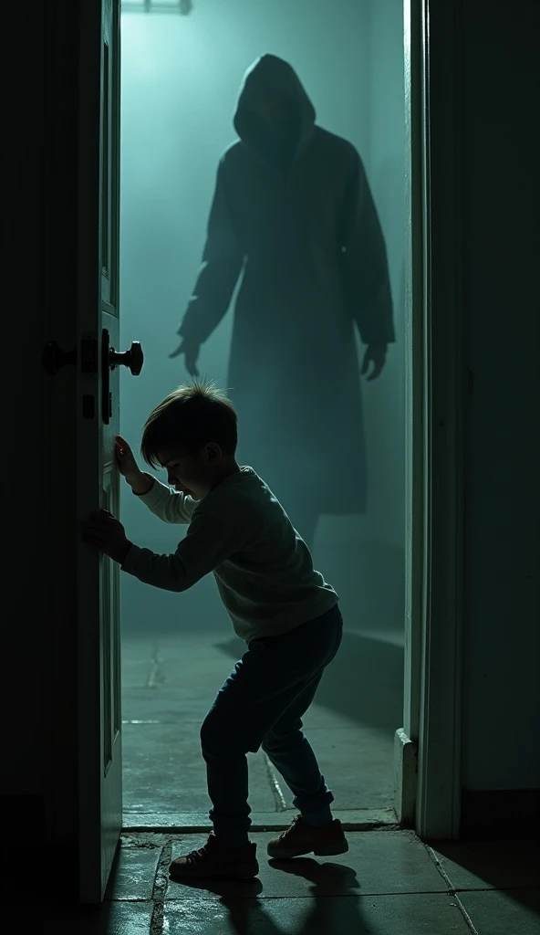 A girl turning the handle of a door in a hallway while someone behind her taps her shoulder