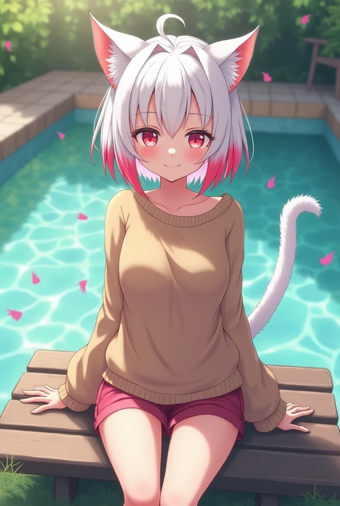 neferpitou, neferpitou, short hair, (red eyes:1.5), naked , animal ears, white hair, shorts, cat ears, cat tail, curly hair, (small breast:1.2), BREAK looking at viewer, BREAK outside, BREAK (masterpiece:1.2), best quality, high resolution, unity 8k wallpaper, (illustration:0.8), (beautiful detailed eyes:1.6), extremely detailed face, perfect lighting, extremely detailed CG, (perfect hands, perfect anatomy), sexy poses