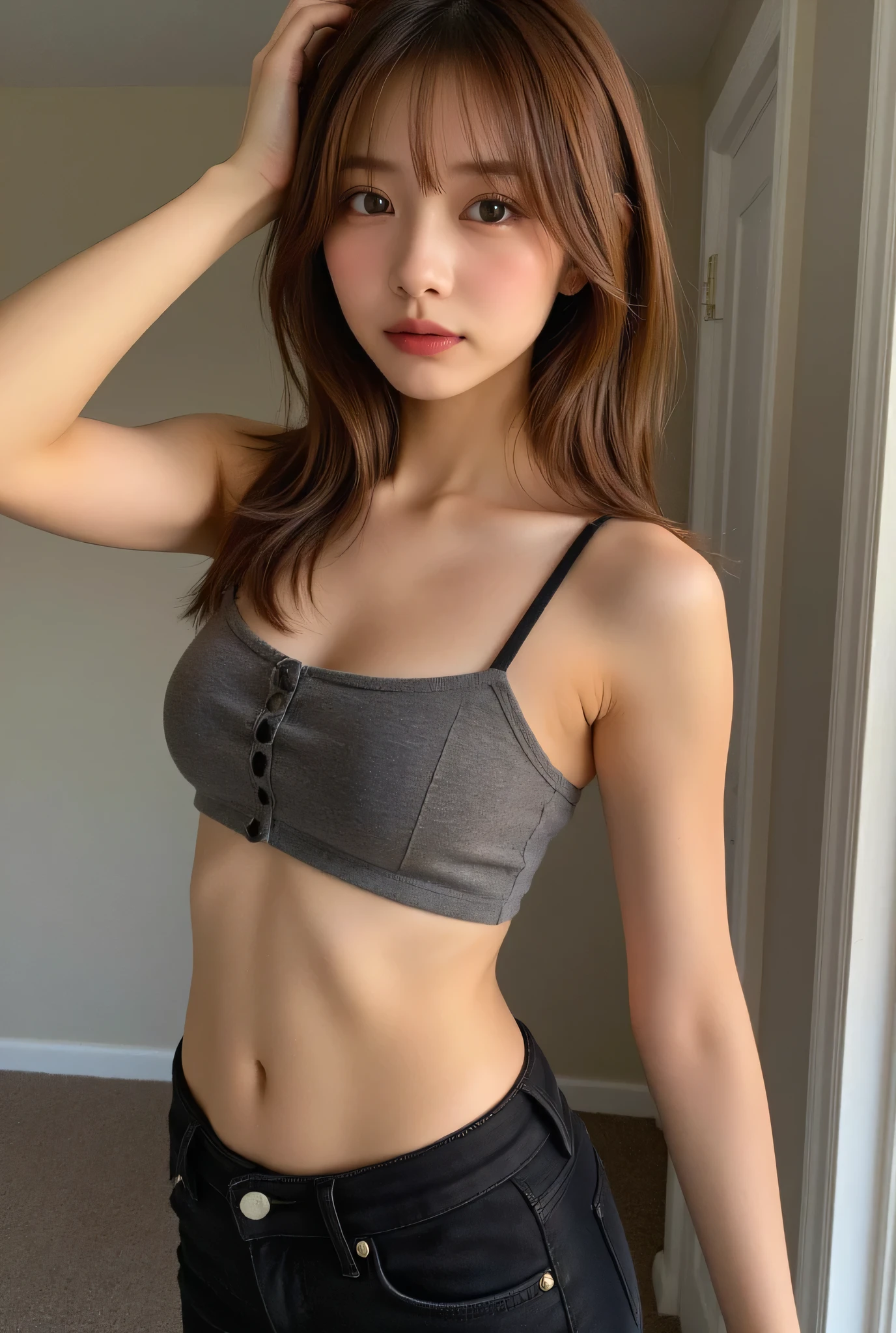 Girl posing for photo in white bra and tight denim, arms behind back, full body, with cropped t-shirt, bra, slim figure, smaller bust, slim girl model, 24 year old female model,