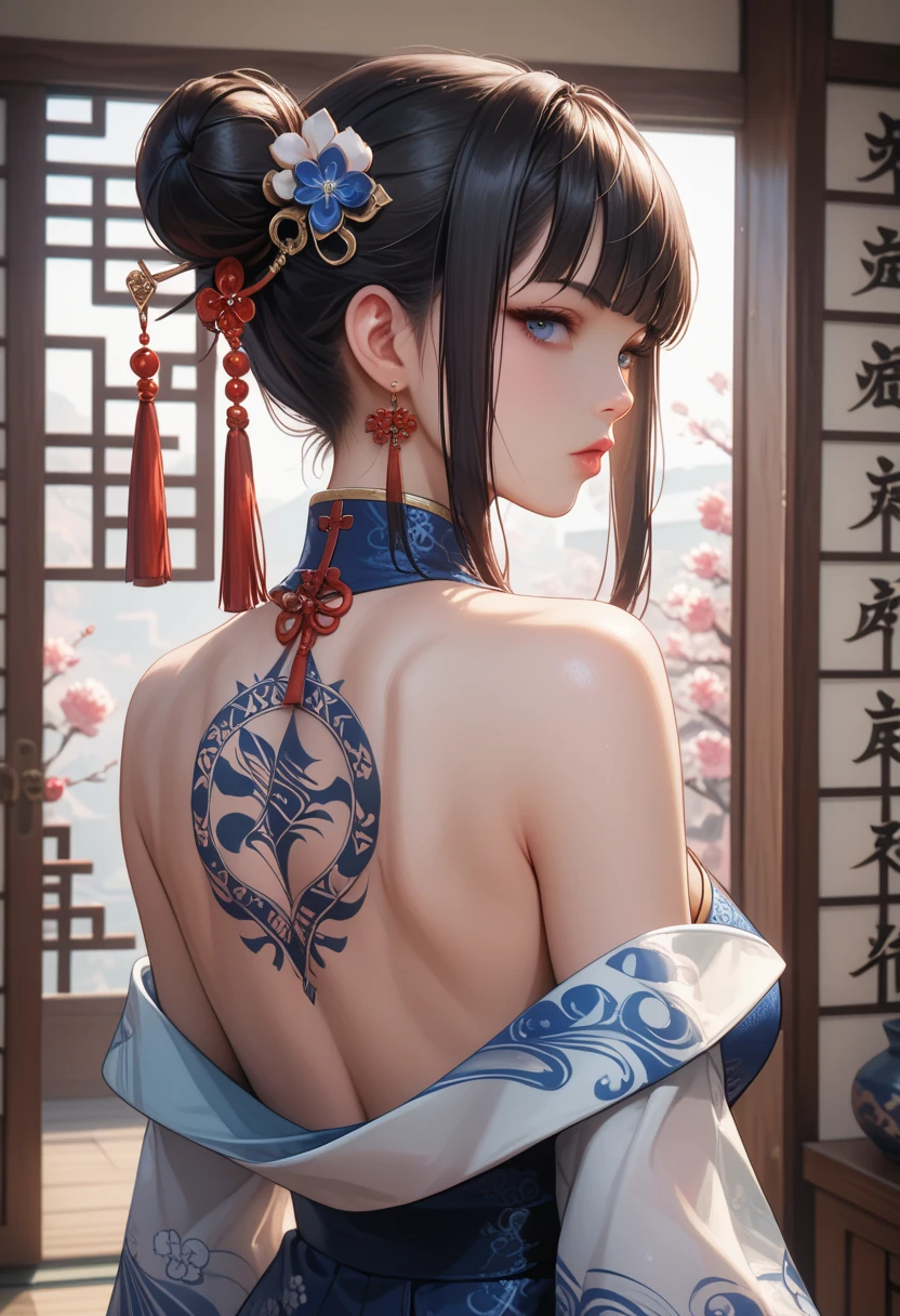 (masterpiece best quality:1.4),1girl, (tattoo of chinese text:1.5), solo, back tattoo, hair flowers, long hair, blue eyes, looking at viewer,tattoo,looking back, from behind, black hair, tassel, bare shoulders, hanfu, chinese clothes,back, bangs, upper body, earrings, indoors, nape, off shoulder, jewelry, eyelashes, lips, back focus, profile, hair bun, sliding doors, piercing, single hair bun,