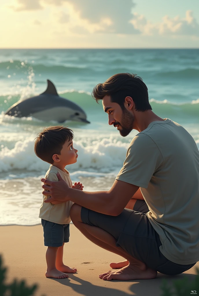 The image depicts a charming seaside scene, where a father and son are enjoying a special moment together. The scenery shows a white sand beach, com o mar calmo e de um azul brilhante ao fundo. The sky is lightly painted with soft shades of pink and orange, indicating the upcoming sunset. No primeiro plano, vemos o pai e o filho lado a lado, com um sorriso radiante no rosto de ambos. The father is crouched down, wearing a casual shirt and cap, enquanto o filho, cheio de entusiasmo, He holds a small shovel and a toy bucket in his hands. They are about to build a sandcastle together. The father guides and helps the son as they work together in the creation of this small work of art. The complicity between them is evident, and the son's look of admiration at his father is thrilling. Ao redor deles, shells and starfish are scattered across the sand, Giving a magical touch to the scene. Ademais, ao longe, pode-se avistar algumas gaivotas voando, complementando o ambiente praiano. No canto inferior direito da imagem, in a calligraphic font, is written "Feliz Dia dos Pais" accompanied by a small anchor, symbol of the safety and security that parents represent in the lives of their children. This image in SeaArt evokes a sense of affection, bond and shared adventure between parents and children. It celebrates the importance of simple and unforgettable moments spent together by the sea, where parents become true heroes to their children. quero as imagens realistas como se fossem seres humanos em fotos