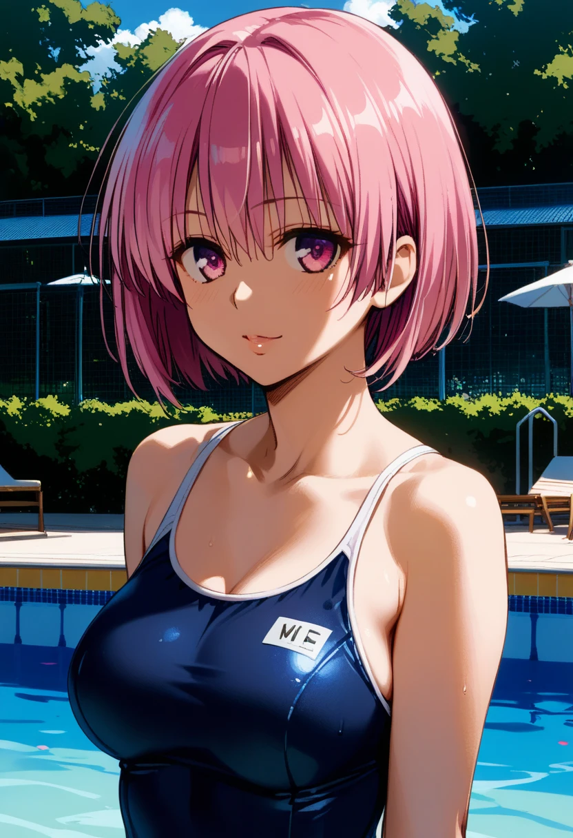 masterpiece, best quality, Yabuki Sentaro , To Loveる,  score_9,  score_8_up,  score_7_up BREAK momo velia deviluke,  pink eyes, Pink Hair,  short hair on the side of the uniform, medium breast,  school swimsuit,  Viewers, Pool、 smiles lightly, upper body, masterpiece,  best quality,  Very Refined,  absurd, Straight,((swimsuit aside))