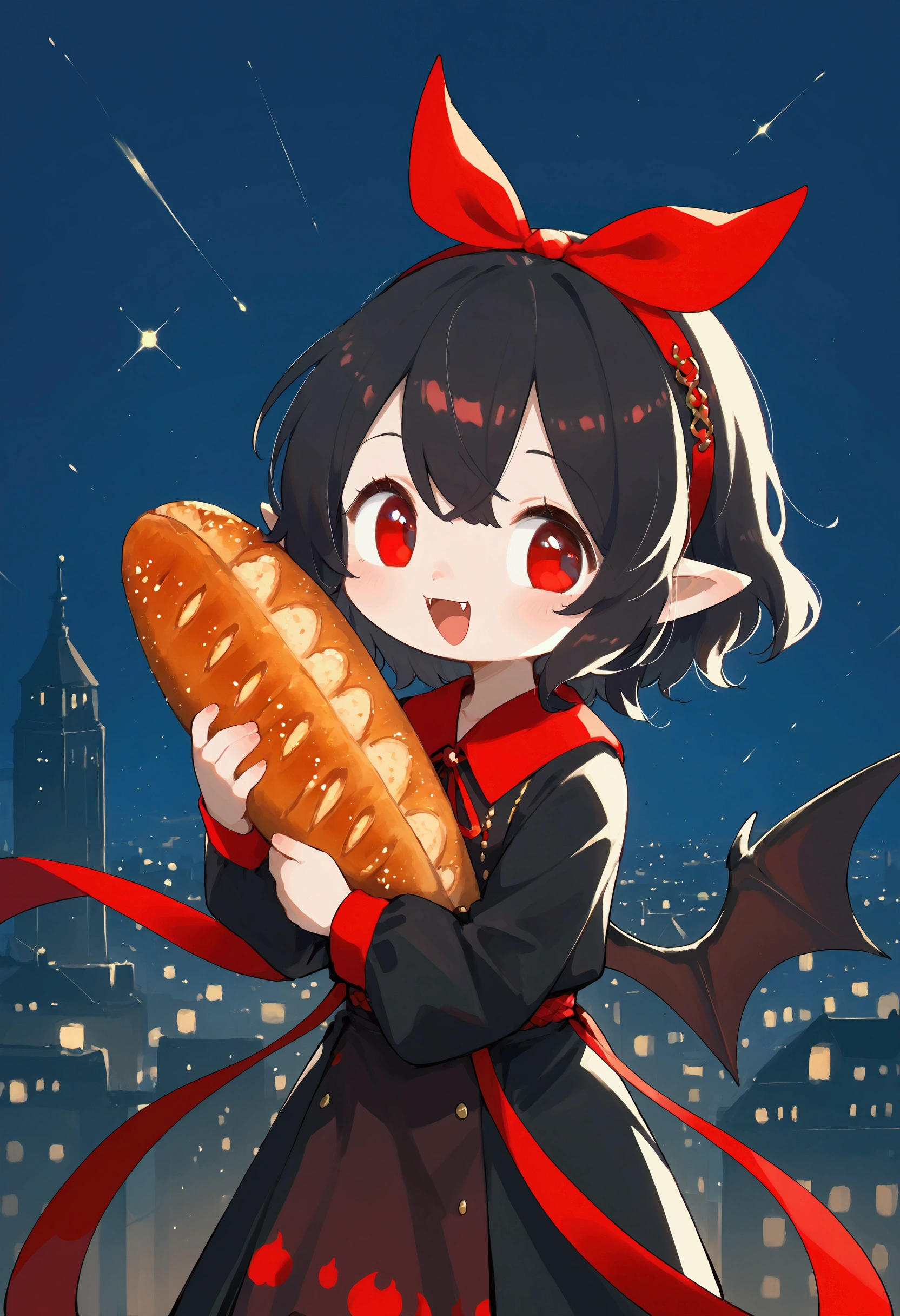 (solo:1.4),1girl\(vicomte,(chibi),cute, vampire wings, red eyes,open mouth, sharp vampire fangs, black short hair, elf ears, cute (((red ribbon))) headband, (big evil smile) cute smile,face shining, big eyes, cute expression, black short vampire robe\(gothic embroidery\), hugging (baguette bread) \),cute pose,black short vampire dress,full body, (many sparkle in eyes:1.4)\),inside,at bakery, breads displayed neatly on shelves, (from above:1.5), dutch angle, minimalist, lineless