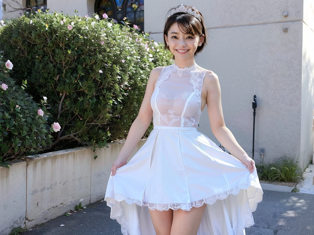 ２４age、smile、((White lace wedding mini dress))、(The eyes are blue)、(((Droopy eyes))),(((In front of the church)))、(((Eyes with big eyes)))、(((Lift up the skirt)))、
((Stand up and lift your skirt))、(((Short dress)))、Staring at the audience、Large Bust、Narrow waist、
Roll up your skirt with both hands、Open your legs to the sides while standing、